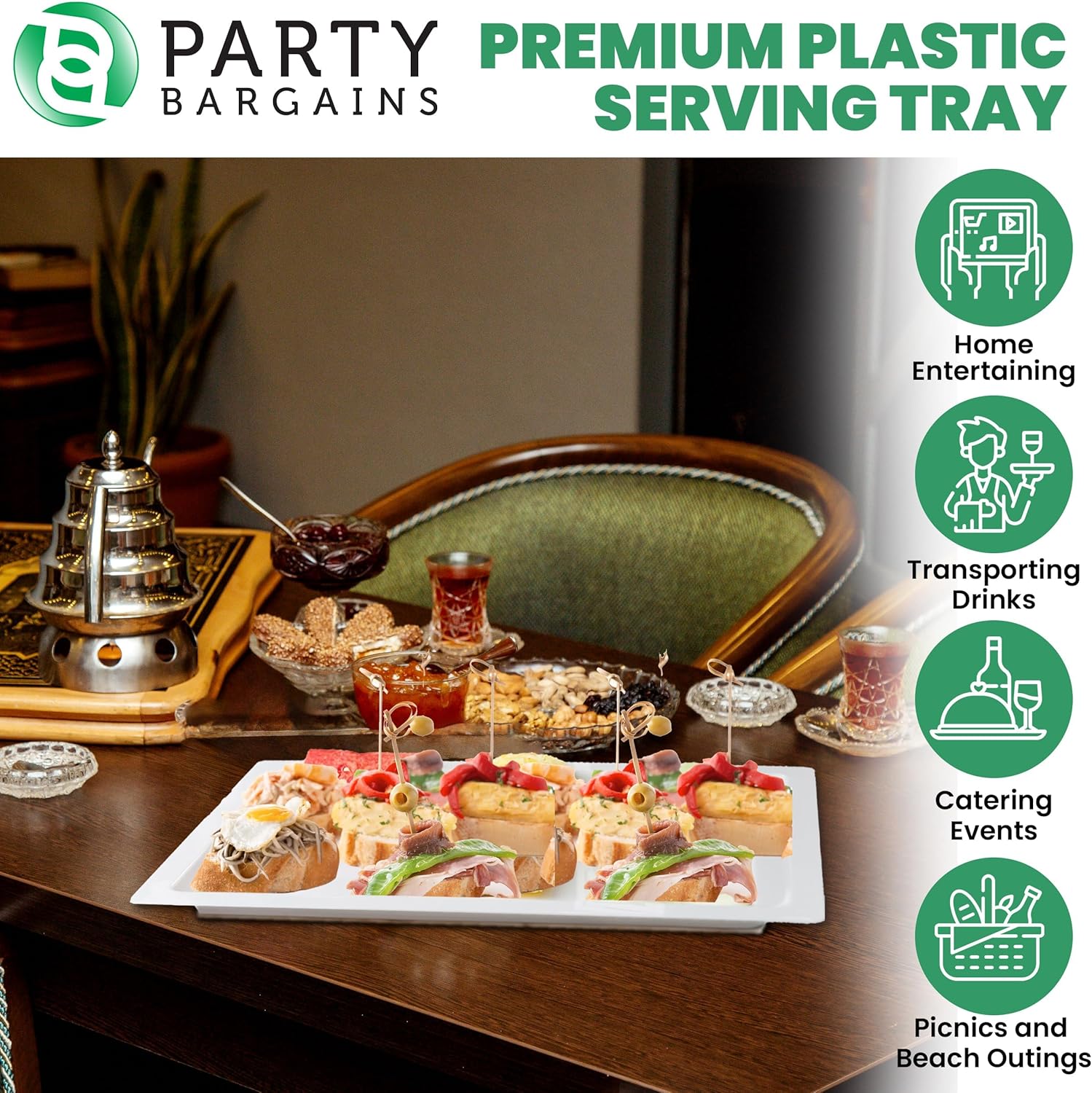 PARTY BARGAINS Bandejas de plástico para servir de 16 x 11 pulgadas, paquete de 8 bandejas desechables de plástico blanco, excelentes para bodas,