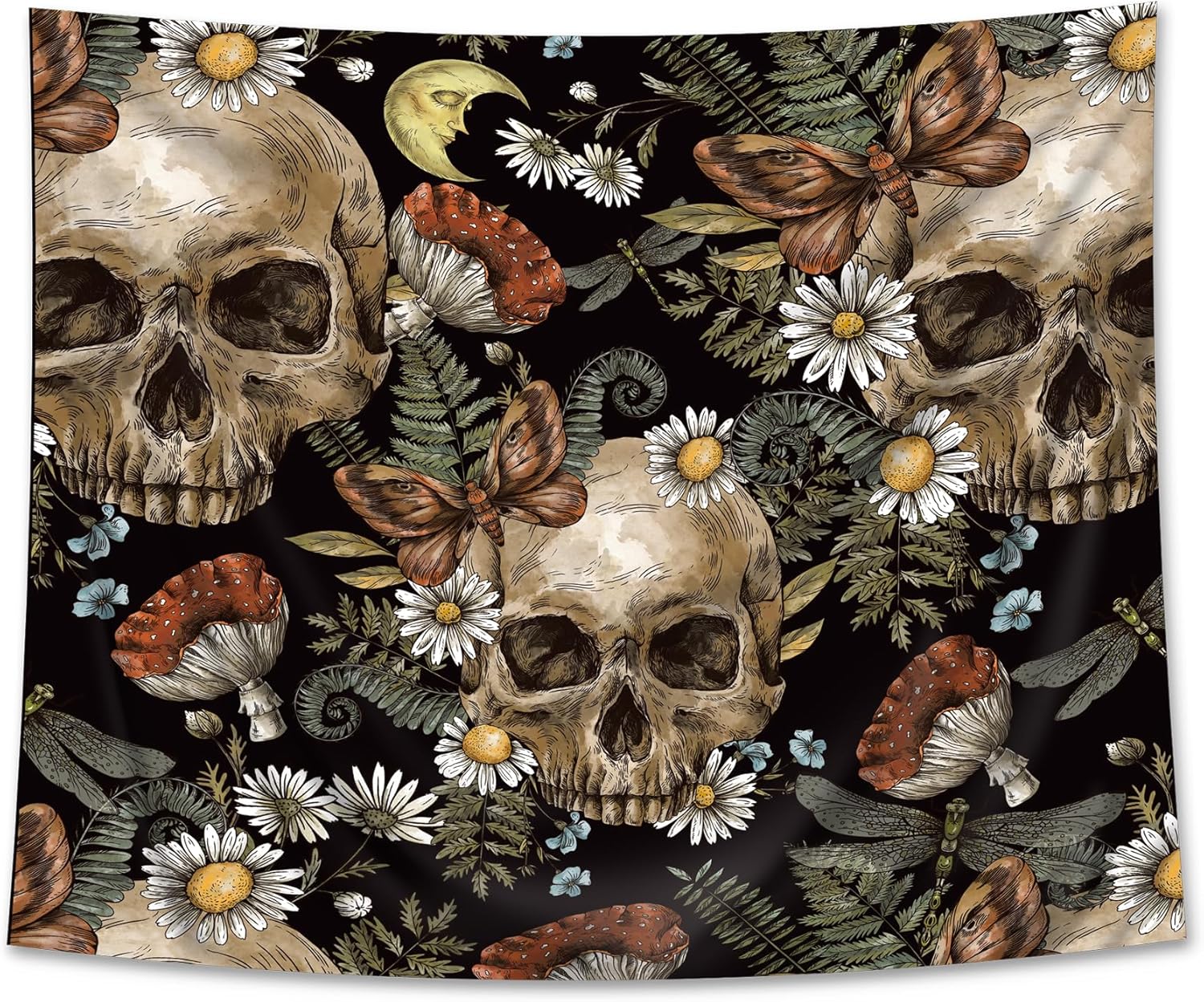 AMBZEK Tapiz de calavera de azúcar, 51 pulgadas de alto x 59 pulgadas de ancho, esqueleto gótico gótico de Halloween, vintage, margarita, hojas