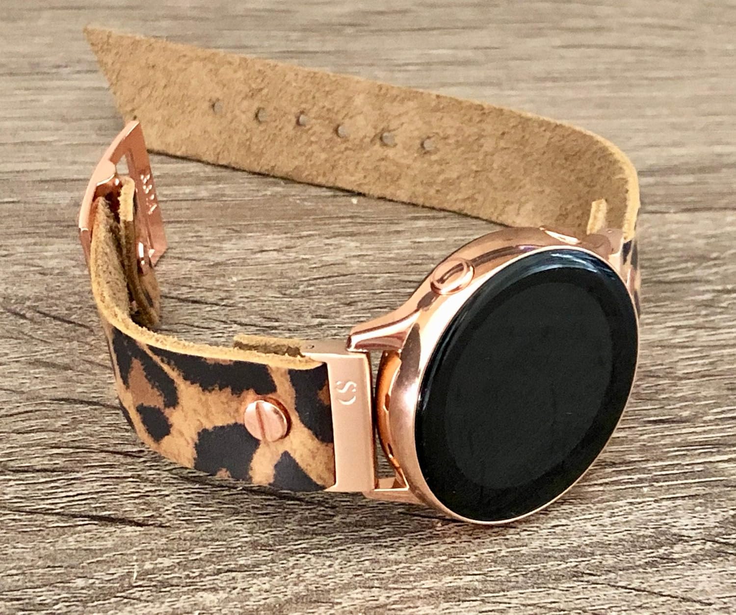 Leopard Print Genuine Leather Band for Samsung Galaxy Watch 42mm Adjustable Size Strap Bracelet Smartwatch Rose Gold Metal Jewelry Wristband