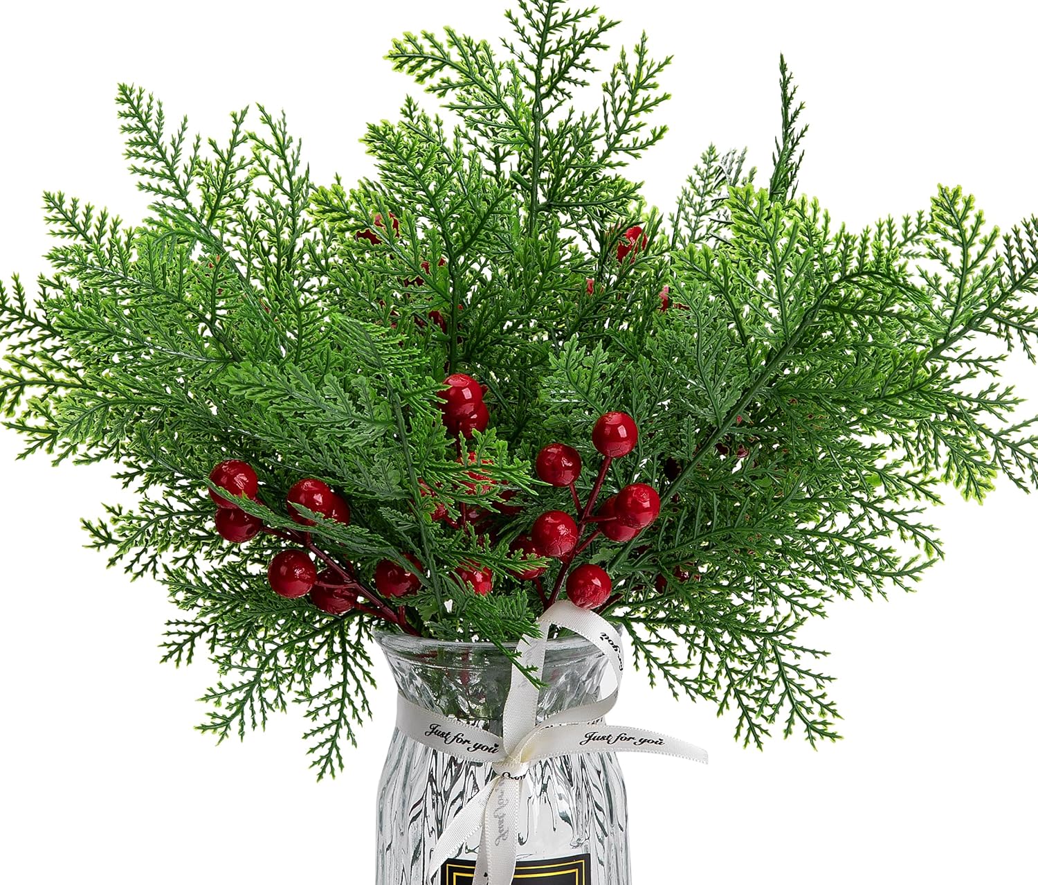 Watayo 50 ramas de pino artificiales de Navidad con 10 tallos artificiales de bayas rojas, ramas de hojas de pino de hoja perenne de bayas rojas,