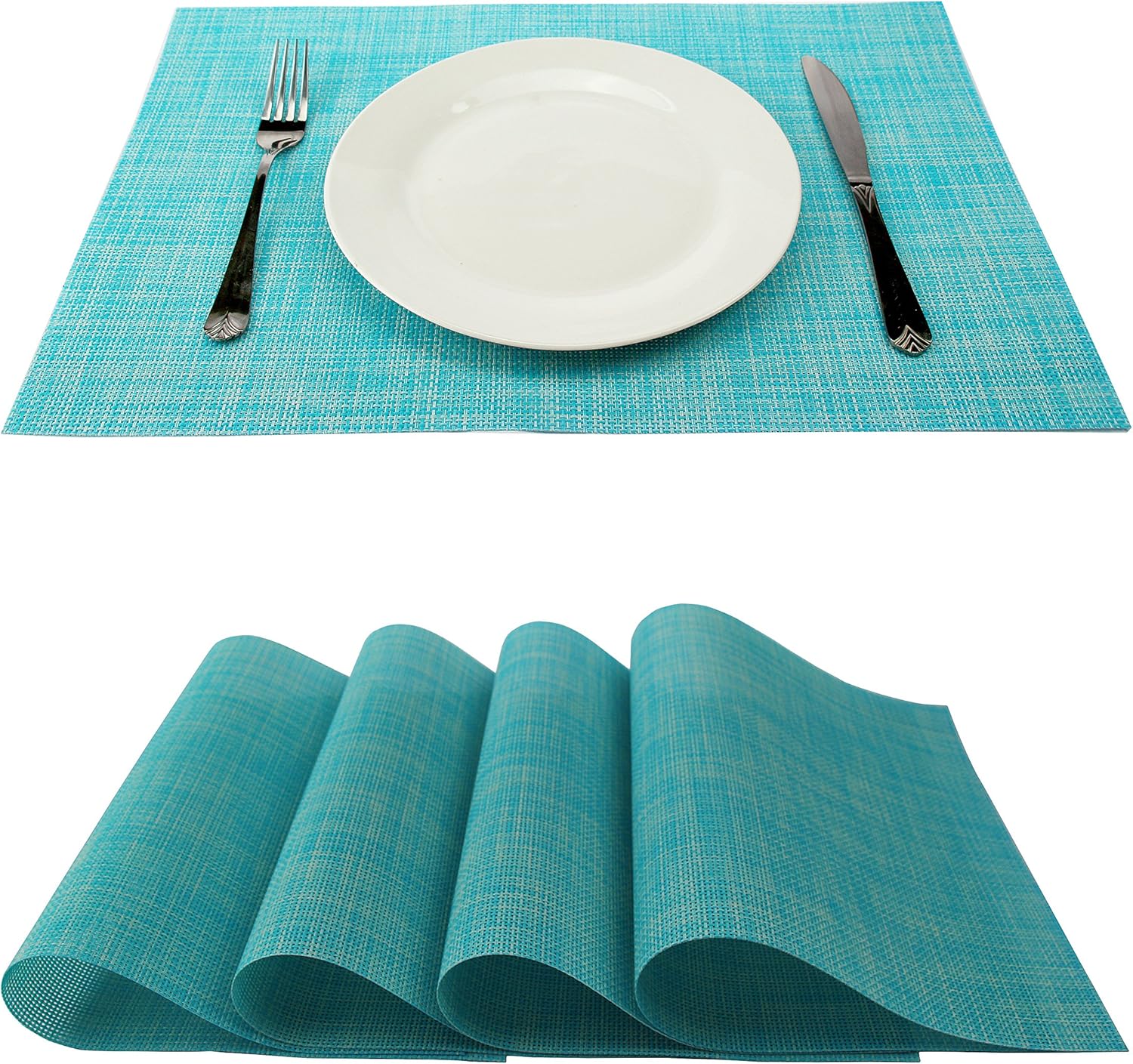 Juego de 4 manteles individuales de vinilo tejido de PVC, antideslizantes, resistentes al calor, color azul, para cocina, ambientales, manteles