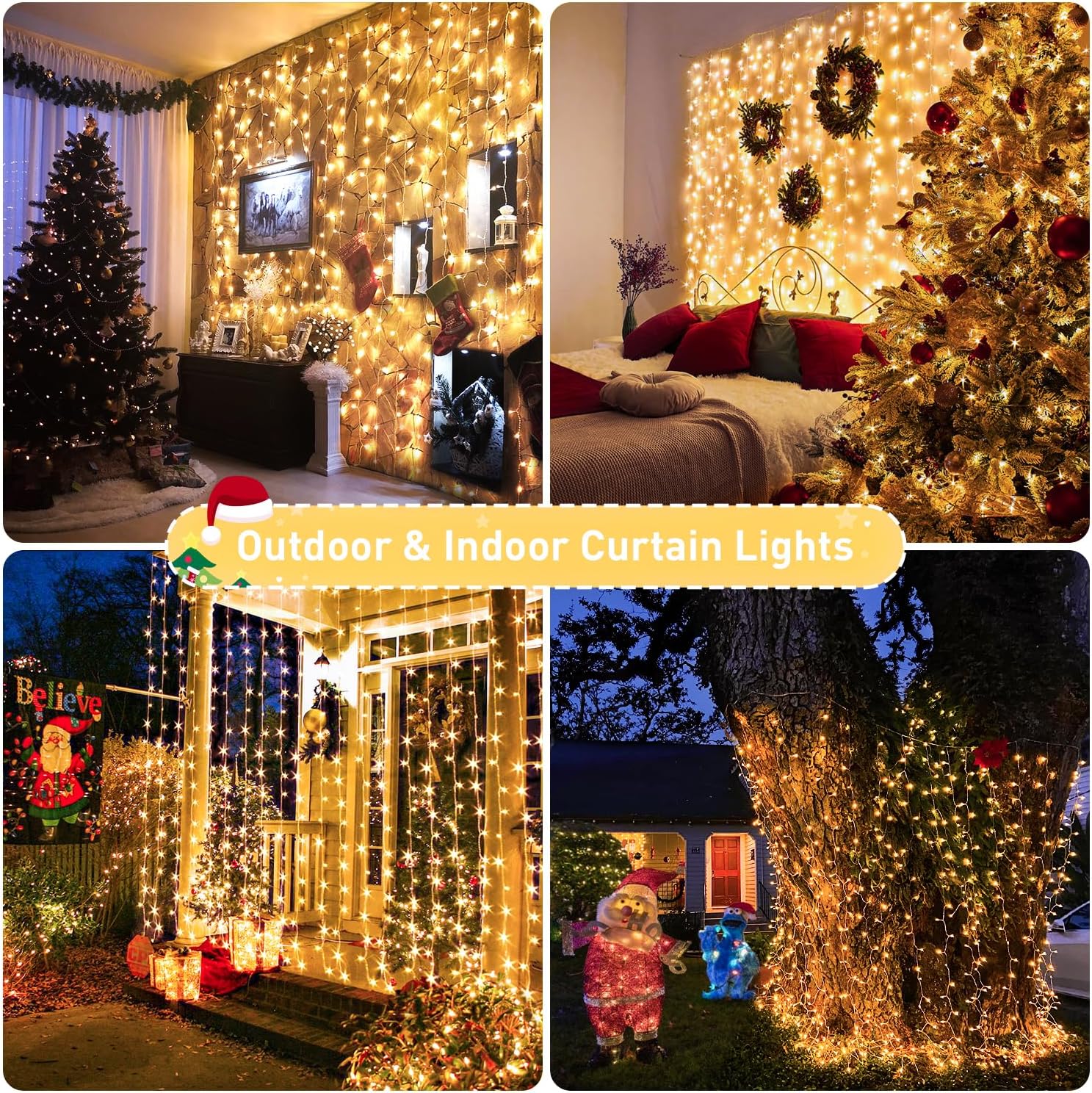 JMEXSUSS 900 luces LED de cortina de Navidad para exteriores, 9.5 x 29.5 pies, luces de Navidad enchufables con control remoto, luces colgantes de