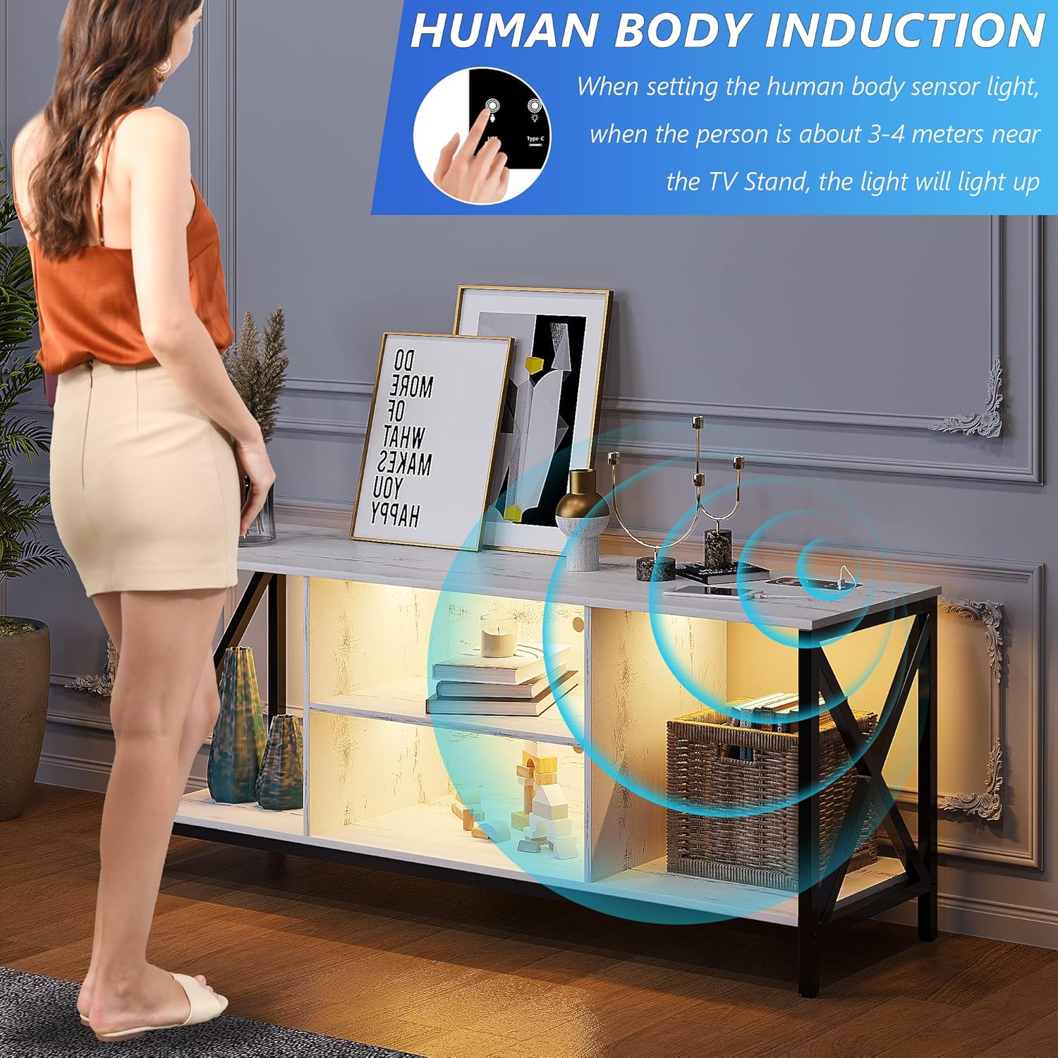 HNEBC Soporte de TV LED blanco con estación de carga USBinalámbrica, soportes de televisión con inducción automáticaluces LED ajustables, soporte de