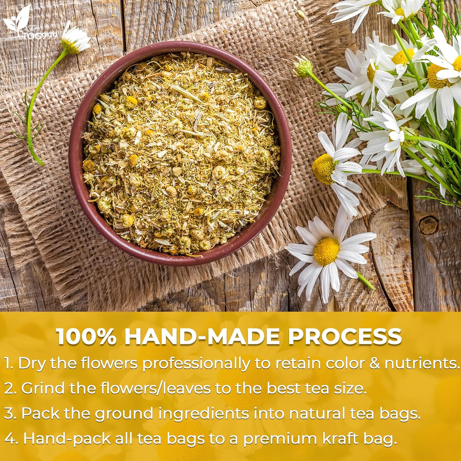 120 bolsas de té de flores de manzanilla natural, de té de hierbas de flores de manzanilla natural. Sin azúcar, sin cafeína, sin gluten, vegano.