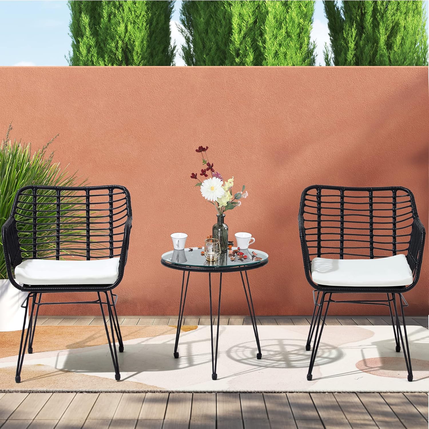 Juego de muebles de mimbre de 3 piezas, incluye 2 sillas y mesa superior de cristal, ideal para porche, al aire libre, patio, apartamento, balcón,