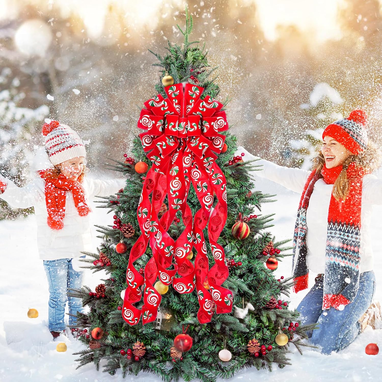 Decoración para árbol de Navidad, lazo de corona de Navidad de 45 x 12 pulgadas, lazo rojo grande con caramelo estampado para árbol de Navidad,
