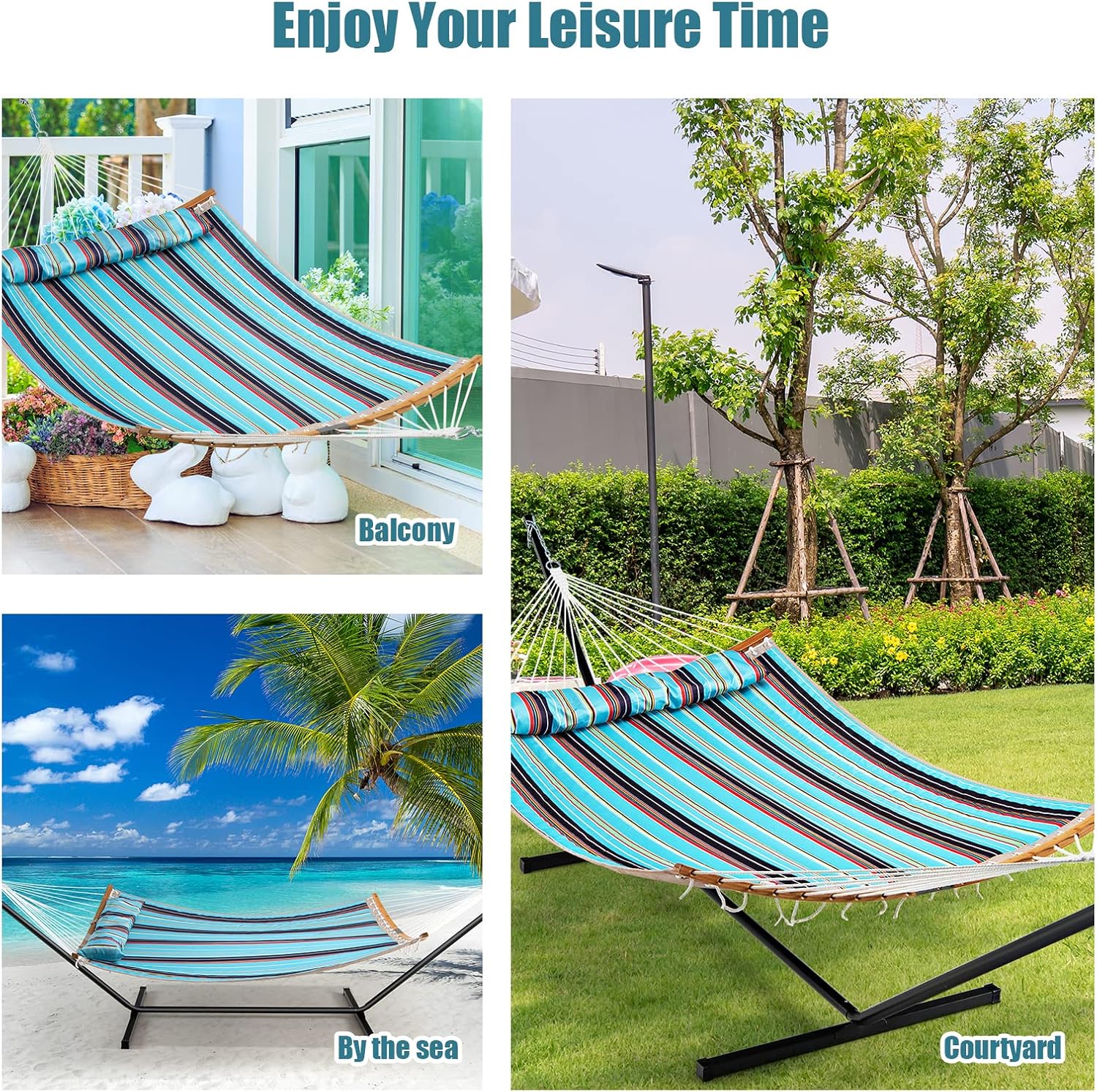 Giantex Hamaca con almohada desmontable para colgar al aire libre, hamaca de patio con barra separadora de bambú curvada, cadena de acero, hamaca