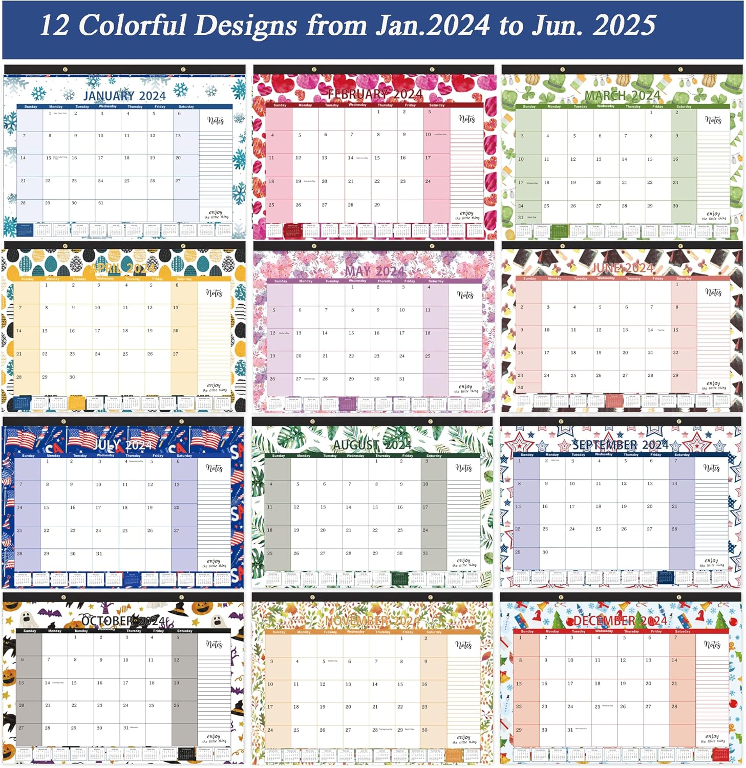 Calendario de escritorio 2024-2025 de 18 meses de planificación mensual de escritorio y pared, 12 x 17 pulgadas, enero de 2024 a junio de 2025,