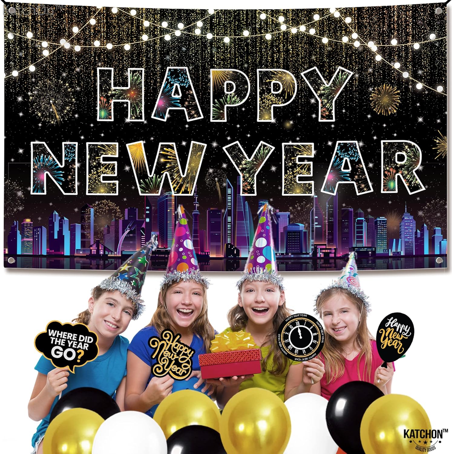 KatchOn, Cartel XtraLarge de feliz año nuevo  72 x 44 pulgadas  Decoraciones coloridas de feliz año nuevo 2024  Fondo de feliz año nuevo,