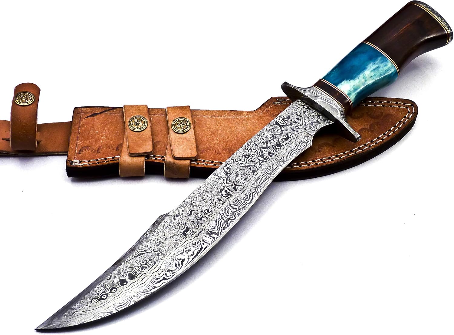 BK-41 – Cuchillo Bowie de acero de Damasco hecho a mano de 15 pulgadas, madera de Marindi maciza y mango de hueso de cuerno de toro con funda de