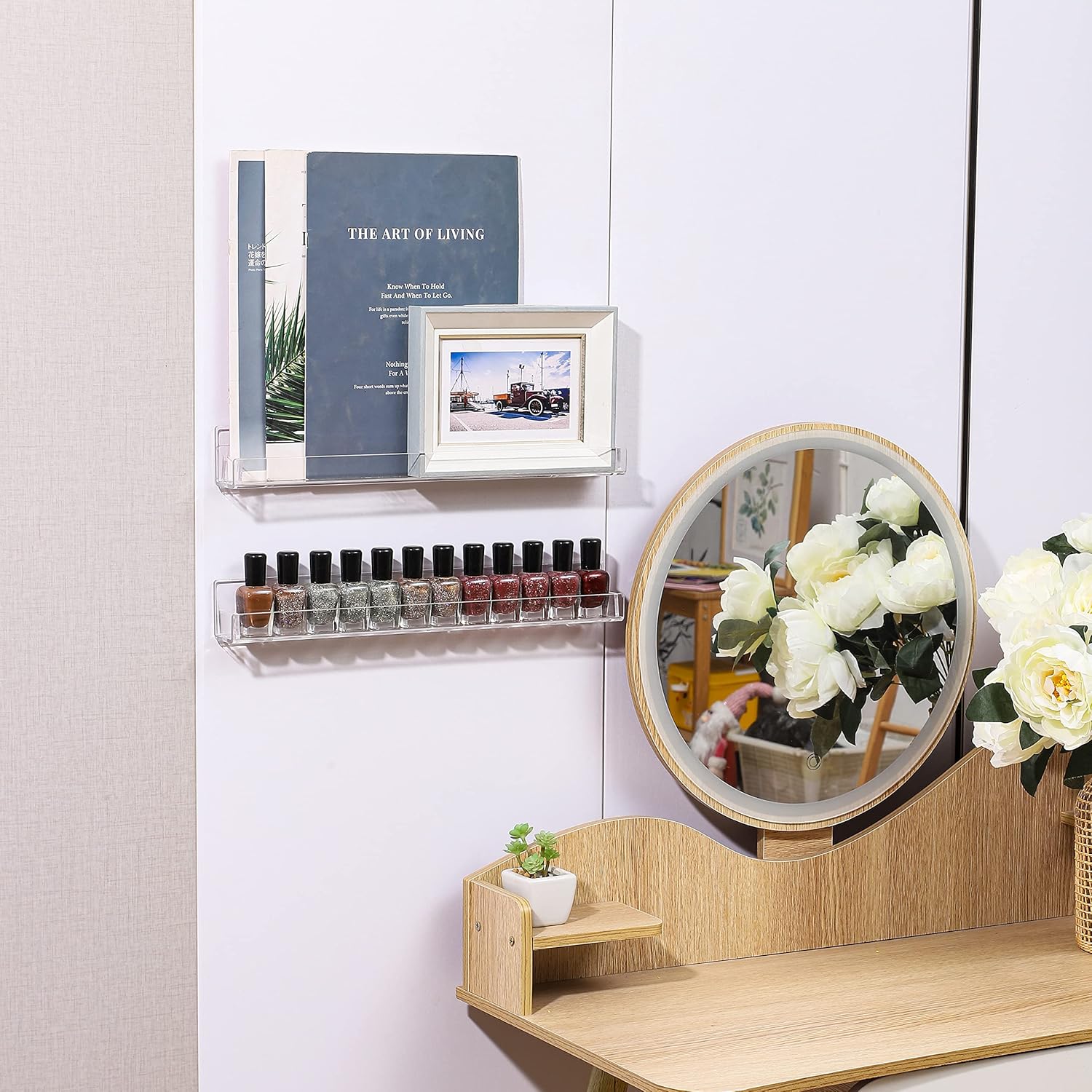4 Pack Nail Polish Rack Wall Mounted Shelf with Removable Anti-Slip End Inserts,15 Inches Invisible Acrylic Floating Bookshelf for Kids Room,Picture