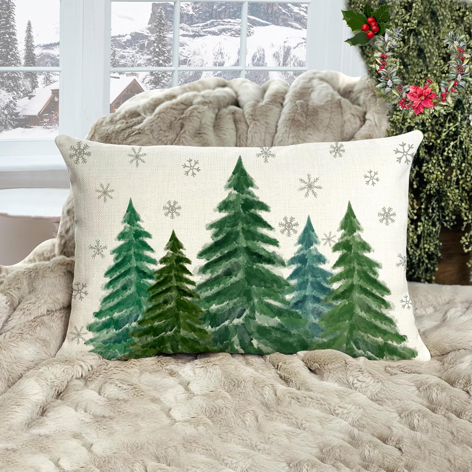 LOMCHEN Funda de almohada de árboles de Navidad verdes de 12 x 20 pulgadas para decoraciones de Navidad, funda de cojín verde de Navidad para sofá