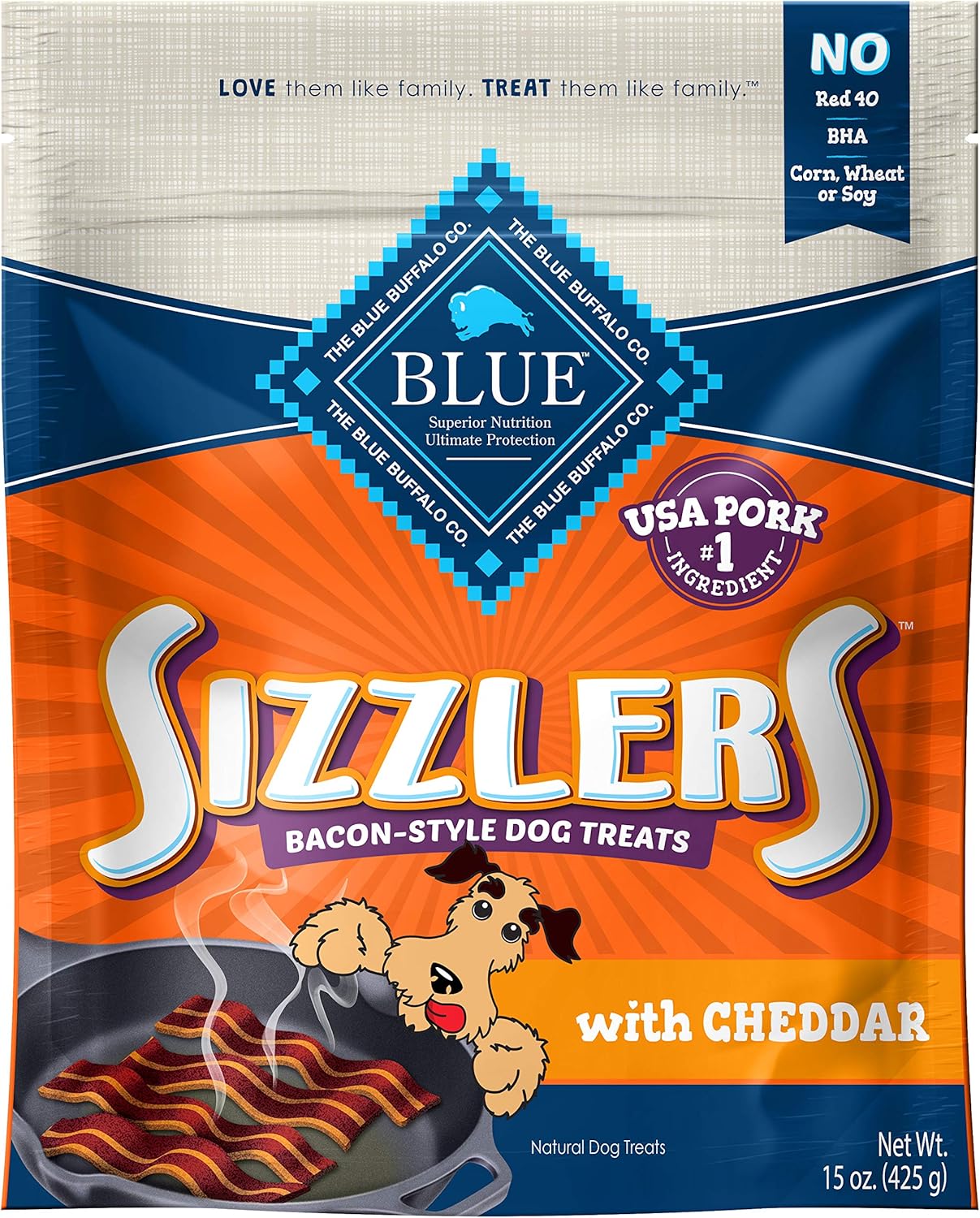Blue Buffalo Sizzlers – Golosinas naturales suaves y húmedas para perros, sabor a tocino, bolsa de 15 onzas