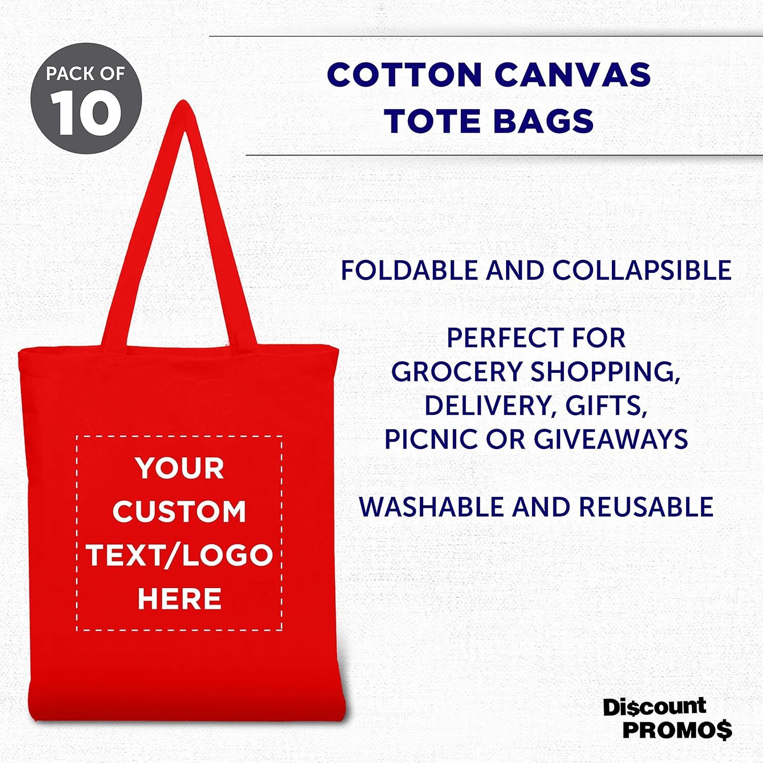 DISCOUNT PROMOS Juego de 10 bolsas de lona de algodón personalizadas, reutilizables, ideales para ir de compras, comestibles, playa, picnic,