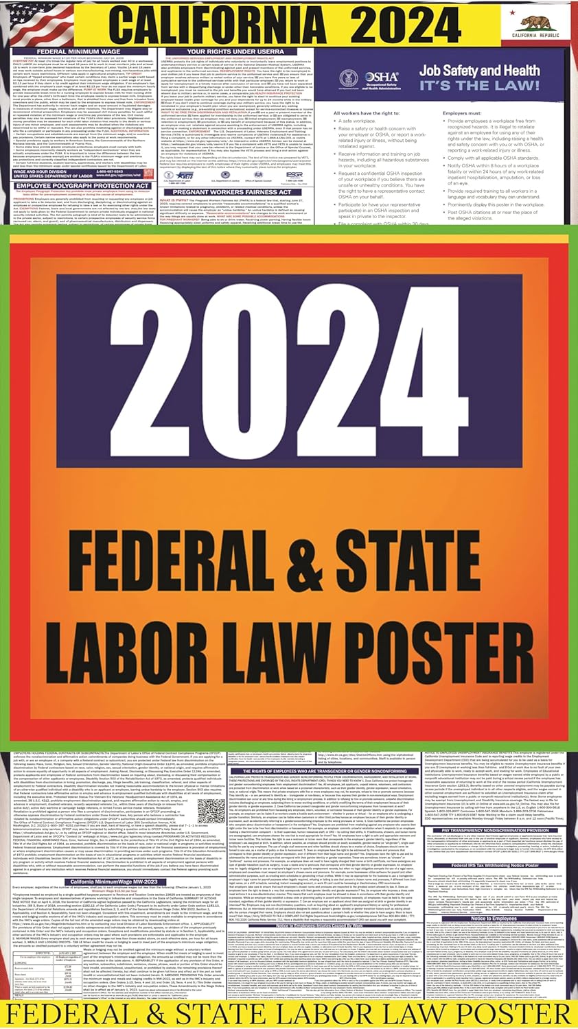 Póster de la ley laboral del estado de California 2024, póster laminado que cumple con las normas estatales, federales y de Osha, ideal para