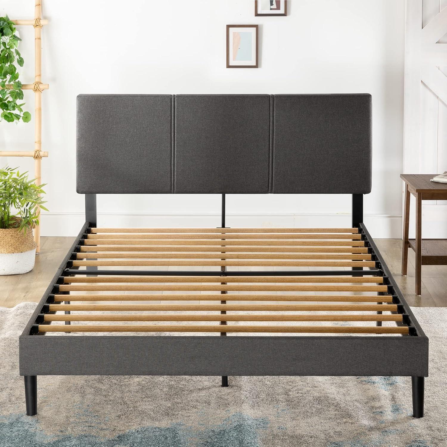 ZINUS Cambril – Base de cama tapizada con listones de bambú sostenibles, no necesita somier, base de colchón, fácil montaje, tamaño Queen