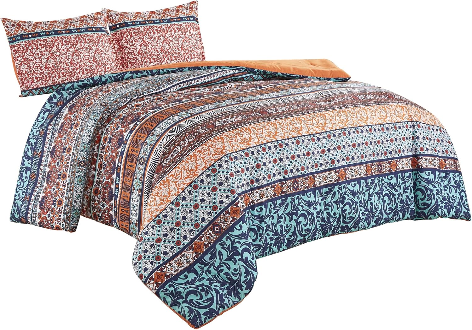 Chezmoi Collection Shore – Juego de edredón de 3 piezas con estampado bohemio a rayas, tamaño King, medallón floral, colorido, azul marino, naranja,