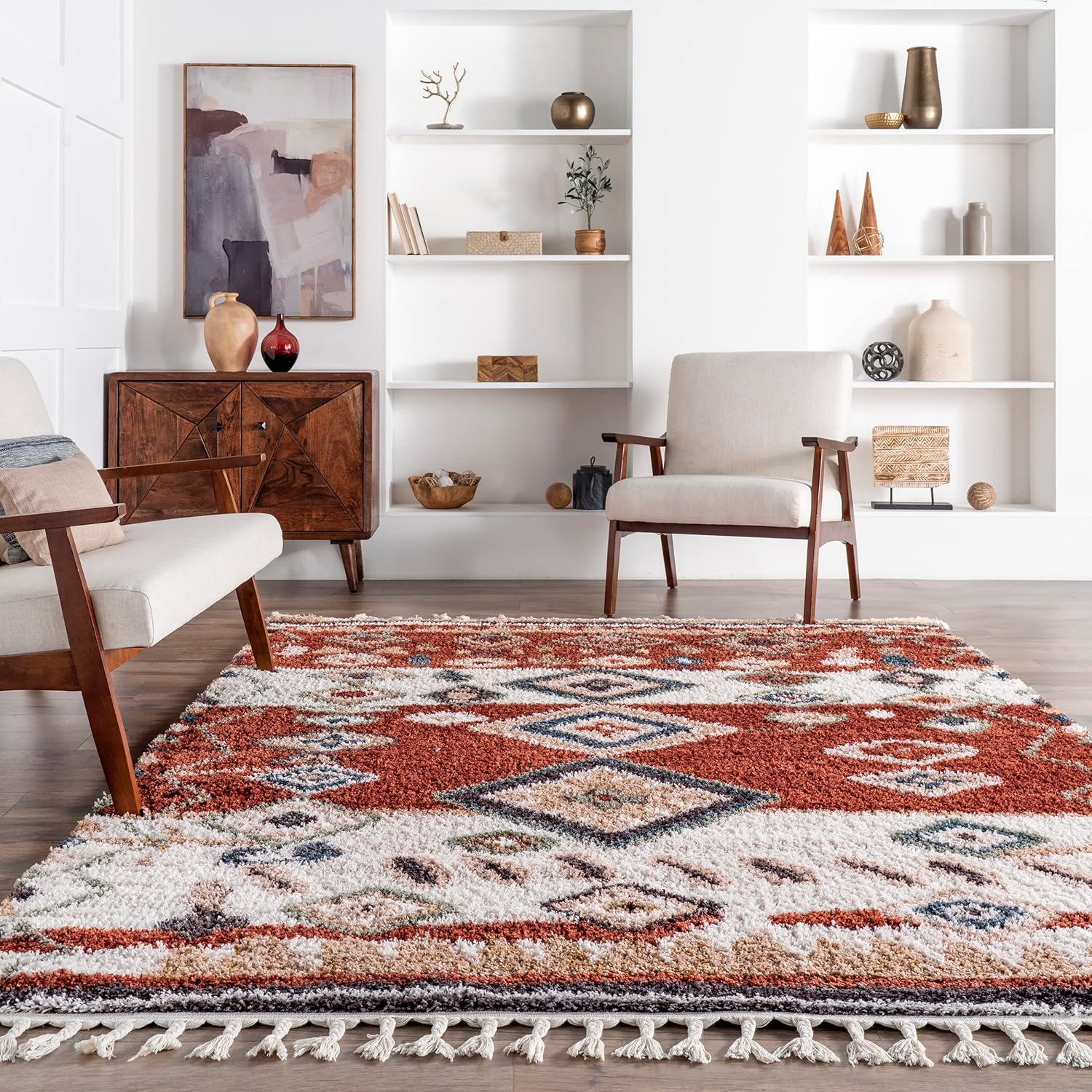 nuLOOM Rosemarie – Alfombra bohemia suave con borlas, 4 x 6, color rojo