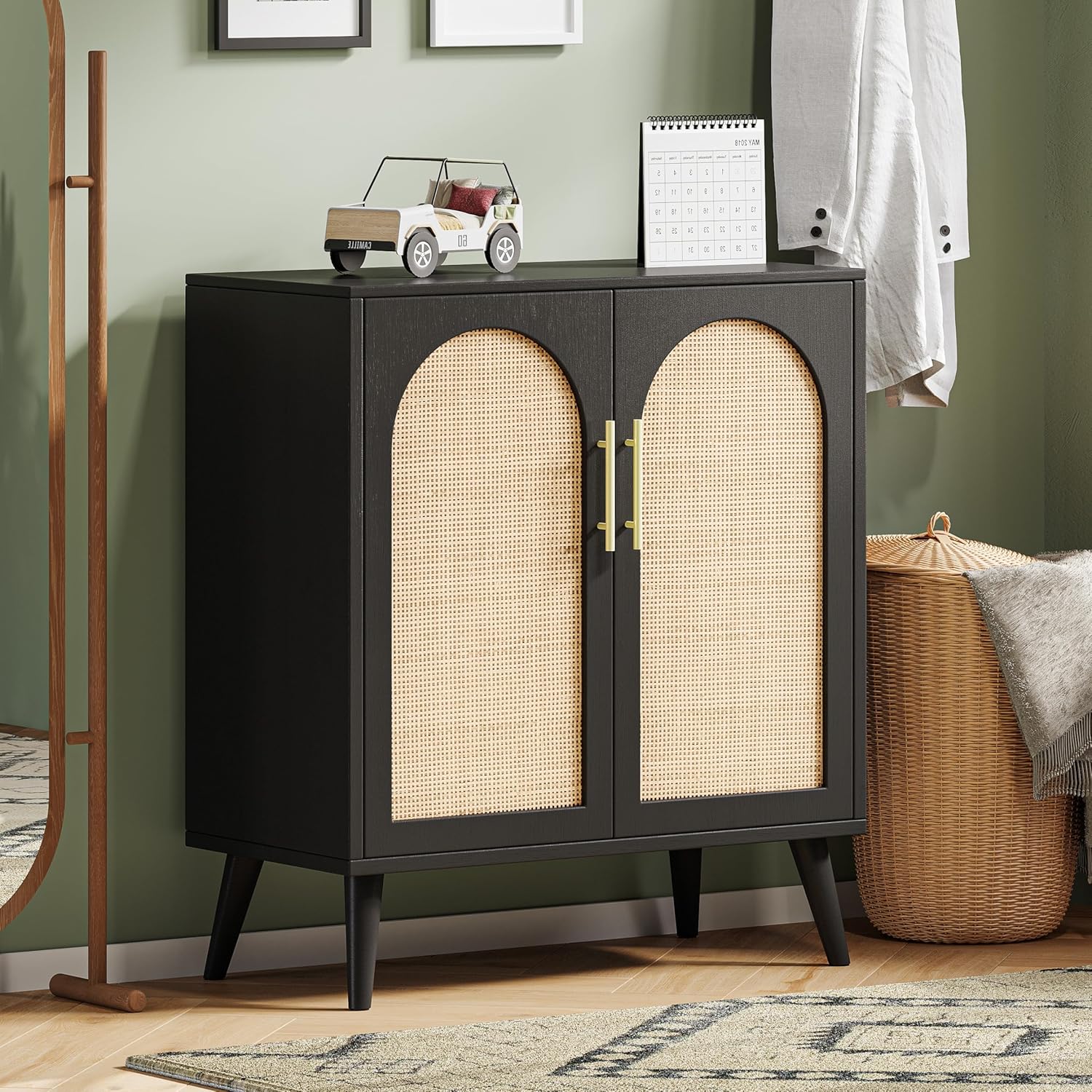 Rovaurx Gabinete de almacenamiento de ratán con puertas, gabinete de piso de baño de acento, armario de buffet moderno para sala de estar, entrada,