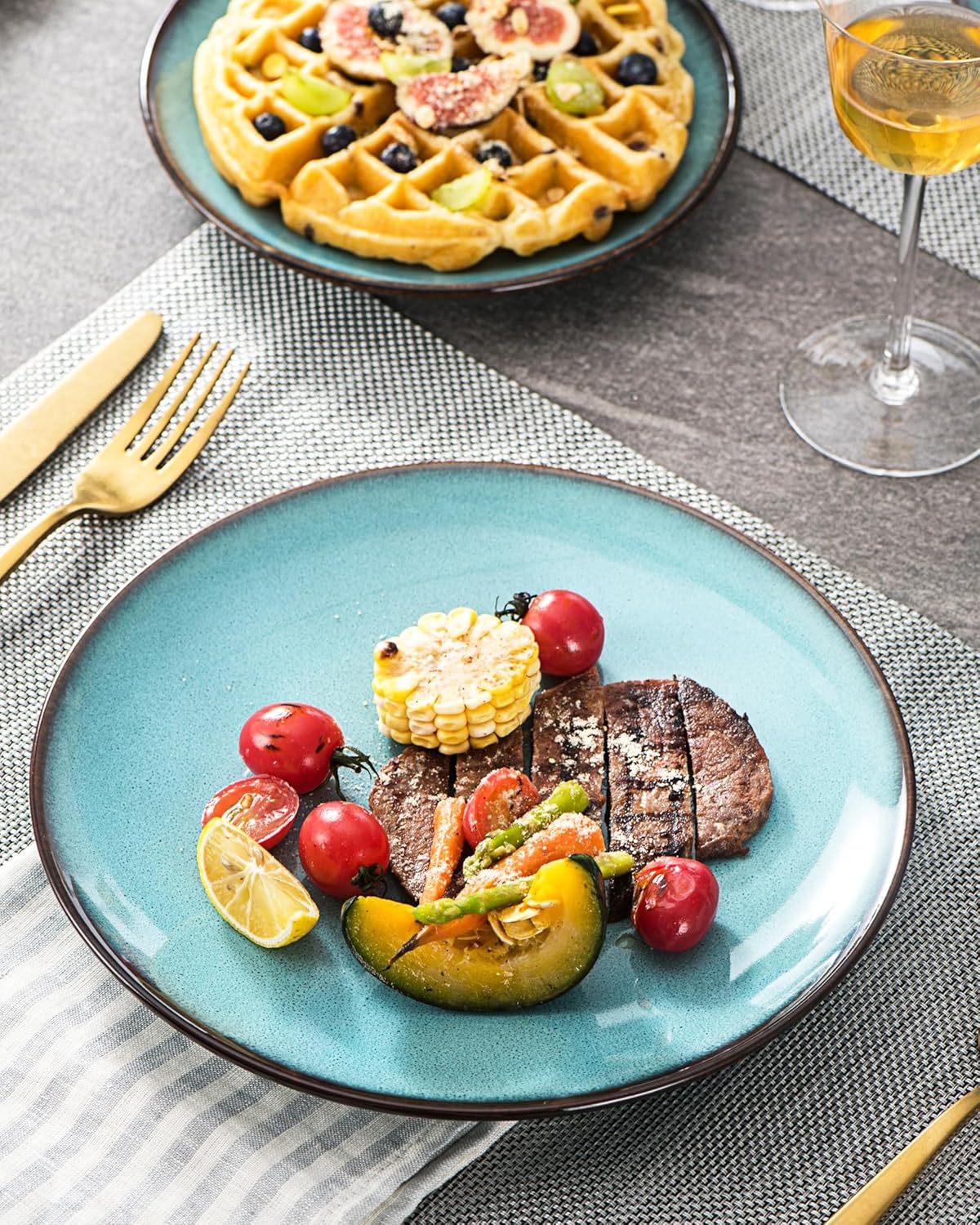 HENXFEN LEAD Juego de 4 platos llanos grandes de 10 pulgadas para carne, ensalada, pasta, vajilla de cerámica para lavavajillas, microondas, horno,