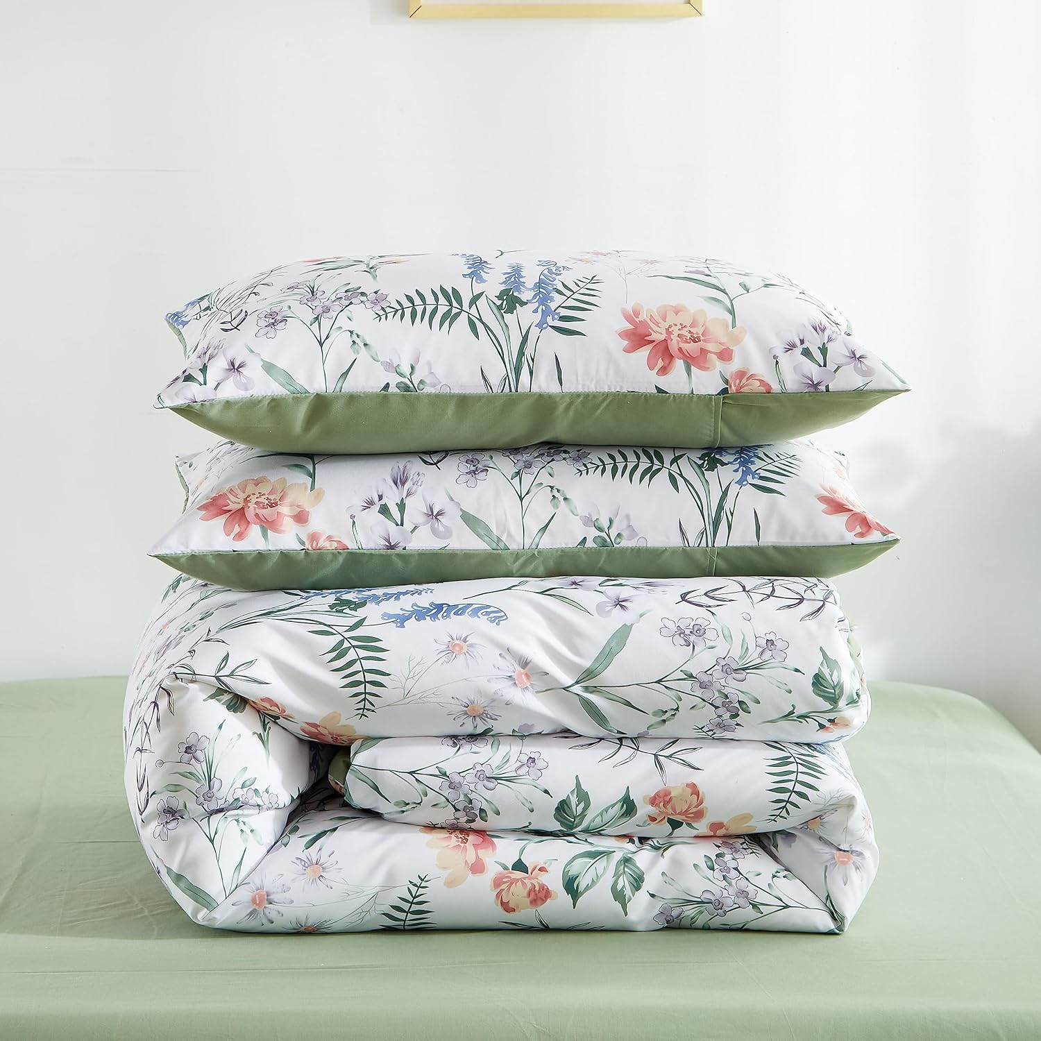 Juego de funda de edredón con estampado floral verde, tamaño Queen, color verde salvia, suave, con diseño botánico, 3 piezas, 1 funda de edredón + 2