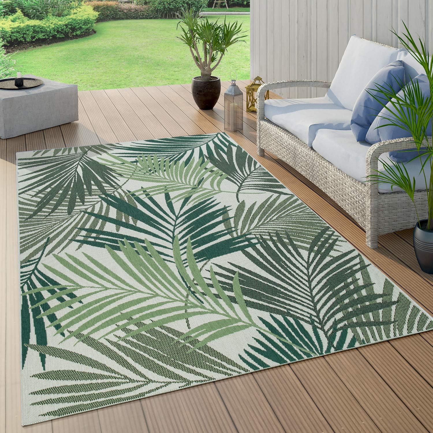 Alfombra de interior y exterior para patio, diseño floral de palmeras de la selva, verde, tamaño 2′ x 3’7″