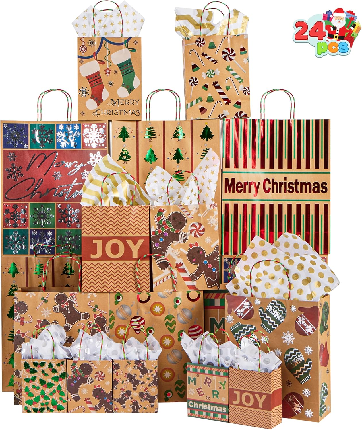 JOYIN 24 bolsas de regalo de papel de estraza de papel de estraza de Navidad de varios tamaños con asas de cordel para decoración de regalo de