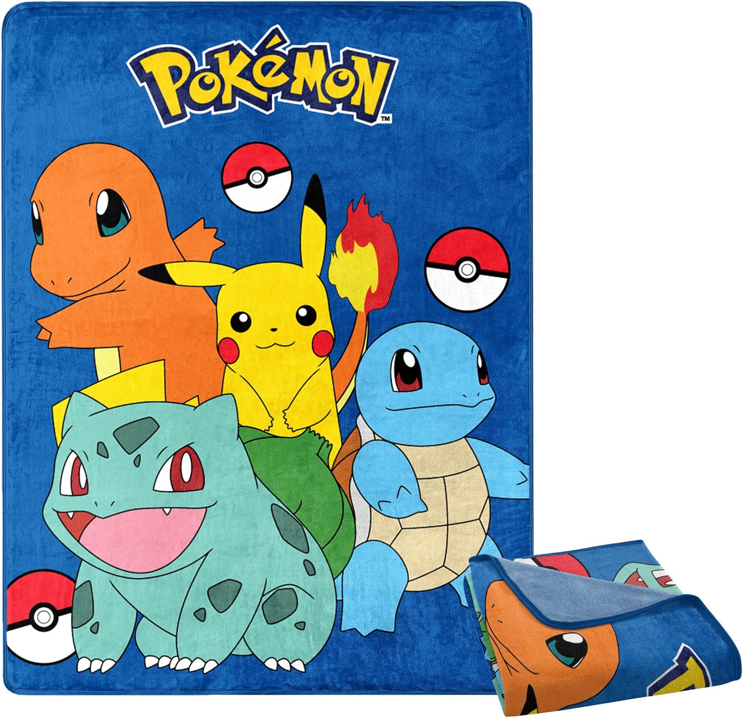 Pokemon Pikachu – Manta de forro polar de felpa  Pikachu Charmander Bulbasaur Pokeball manta (grupo azul)