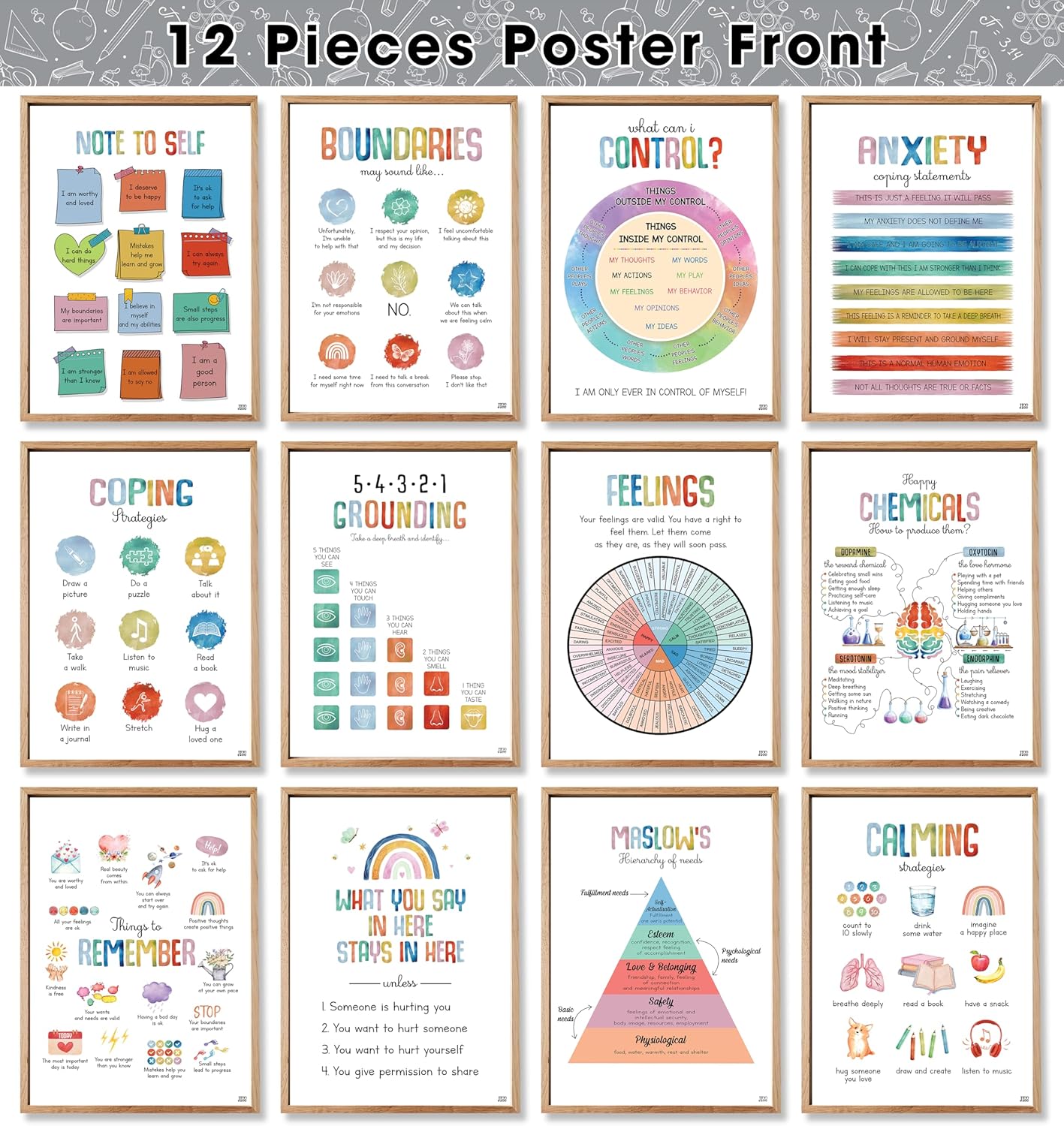 24 pósteres coloridos de salud mental, 12 piezas de terapia de ansiedad, póster motivacional para la oficina, suministros de consejero escolar para