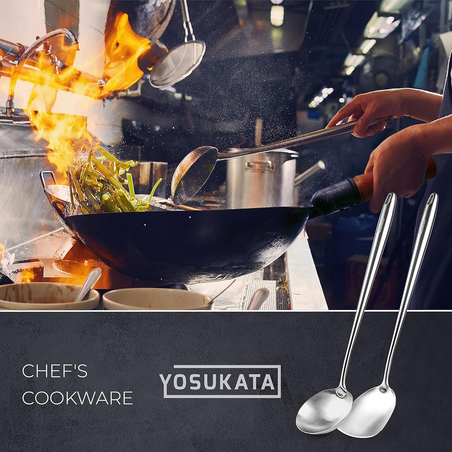 YOSUKATA Sartén para wok de acero al carbono, 13,5 pulgadas con espátula y cucharón de 17 pulgadas con cubierta de wok de hierro fundido, cubierta