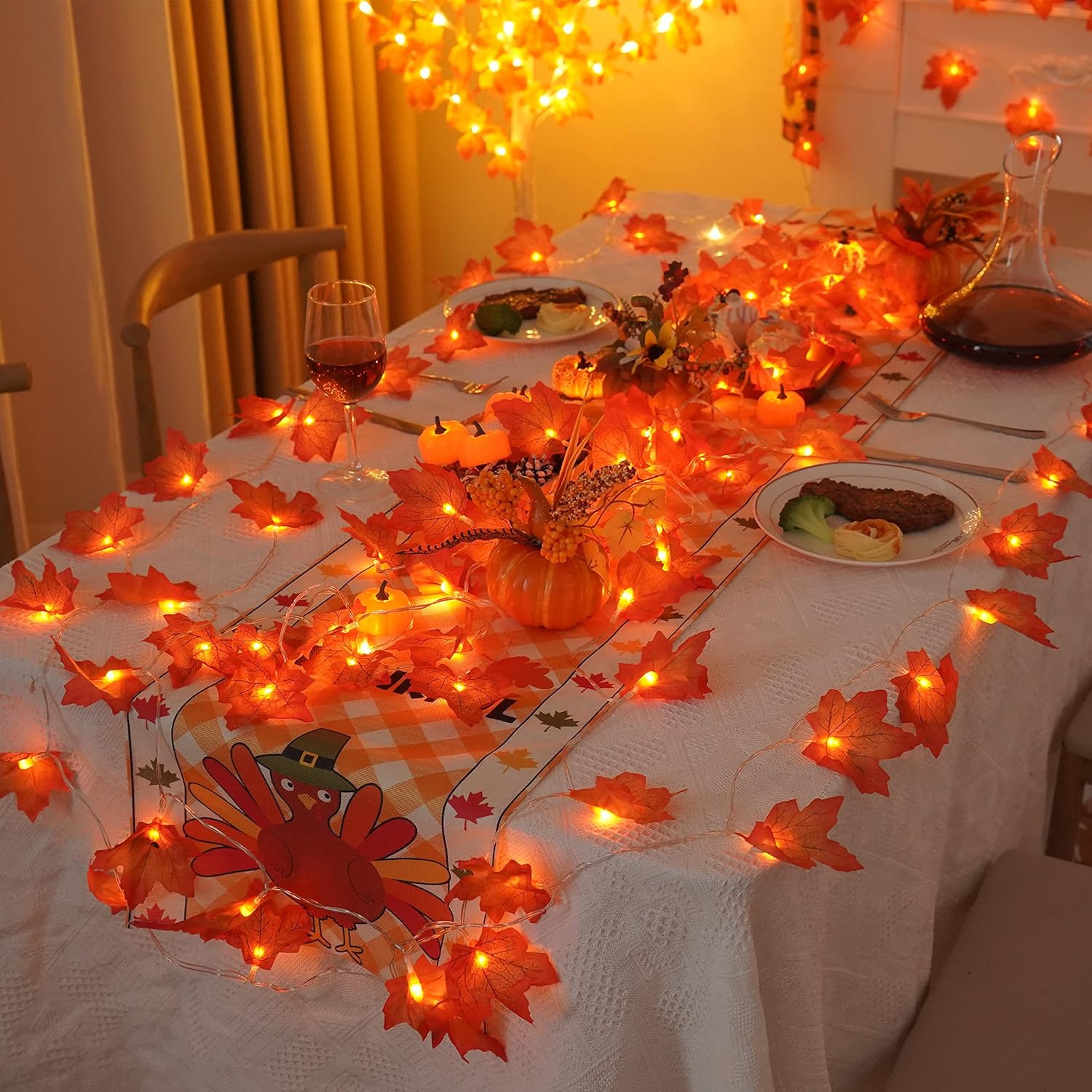 YEGUO 2 piezas de decoración de otoño para el hogar, total de 20 pies, 40 luces LED de hojas de arce con batería4 paquetes de 100 luces LED solares