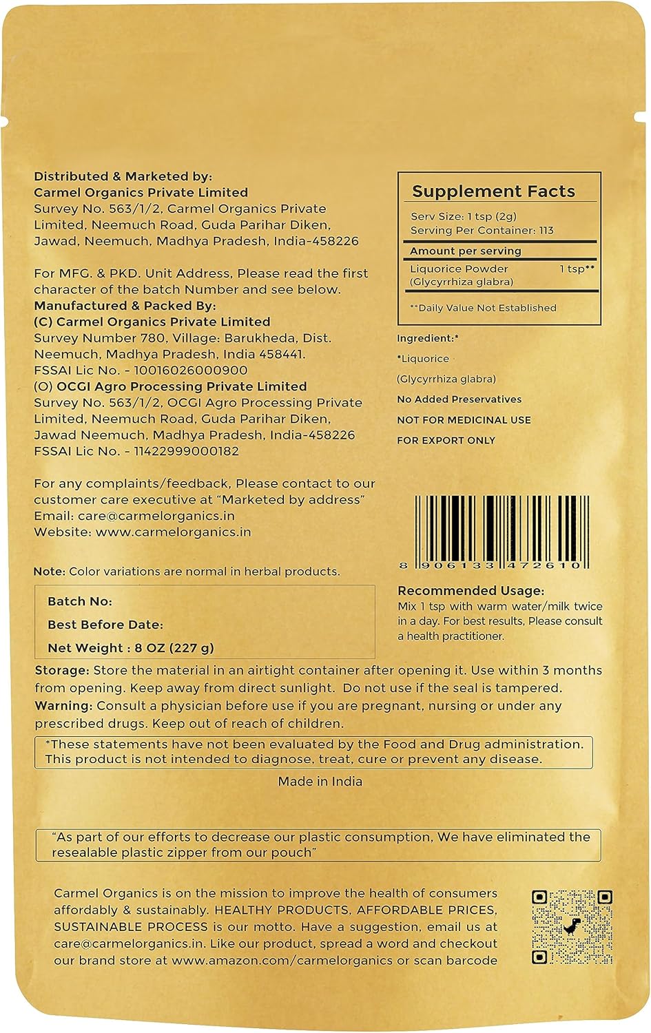 Polvo de raíz de regaliz orgánico  (8 onzas o 0.5 libras)  Certificado USDA