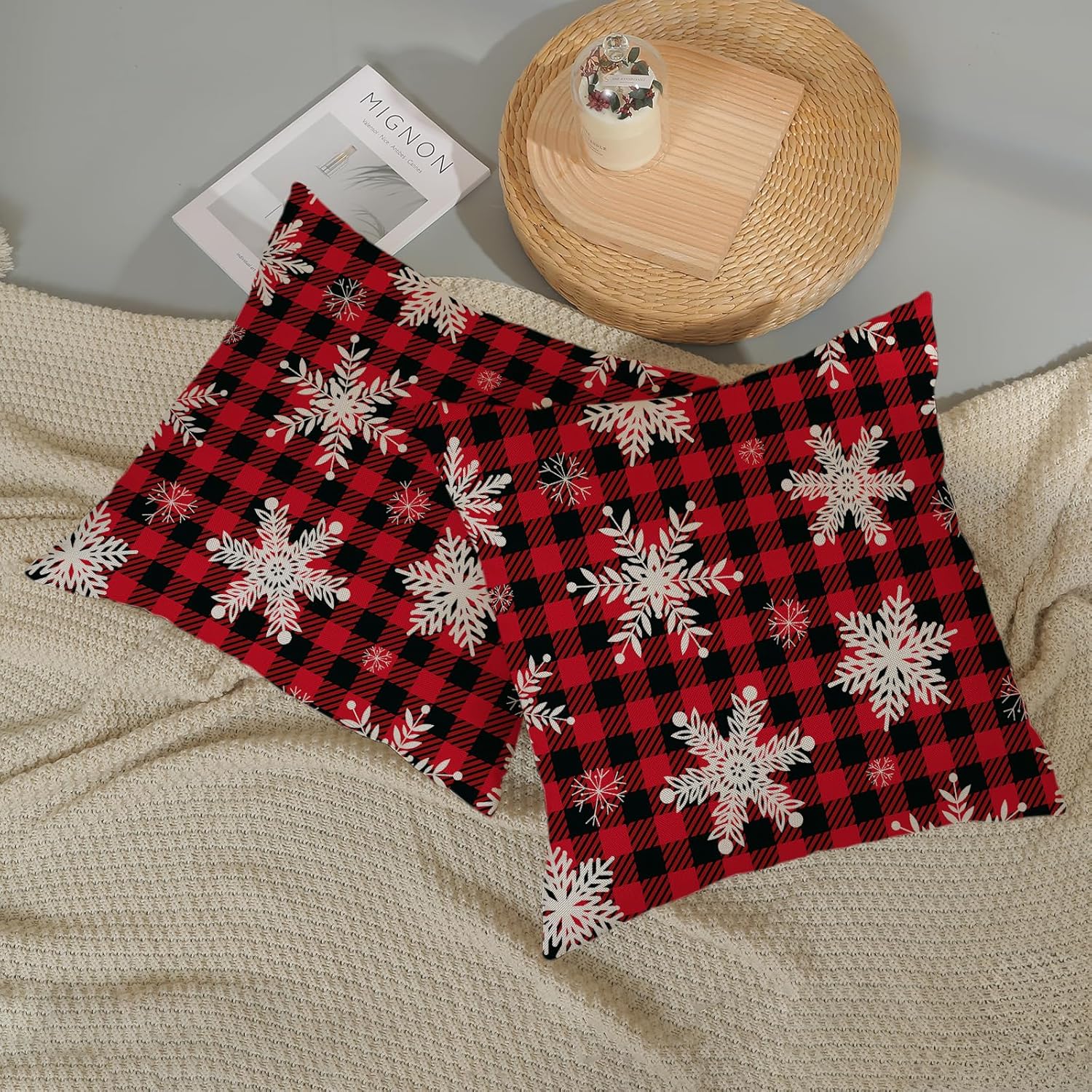 AGAYNA Juego de 2 fundas de almohada de Feliz Navidad de 20 x 20 pulgadas, diseño de búfalo rojo y negro a cuadros, fundas de cojín decorativas para