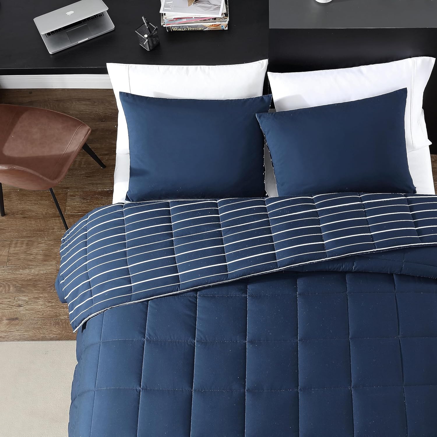 Nautica – Juego de edredón tamaño King, juego de ropa de cama reversible de algodón, decoración del hogar para todas las estaciones (Longdale Stripe