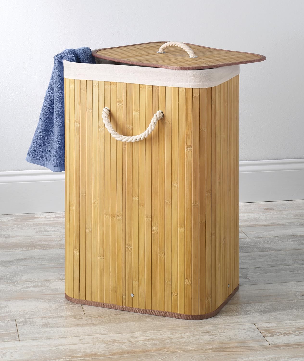 Whitmor Cesta de lavandería con asas de cuerda, bambú natural, 12.25×16.25×23.375
