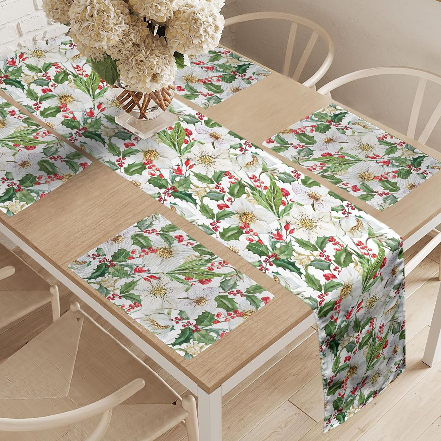 Ambesonne Watercolor Table Runner & Placemats, Christmas Themed Floral Poinsettia Berries Winter Inspirations Leaf, Set for Dining Table Decor,