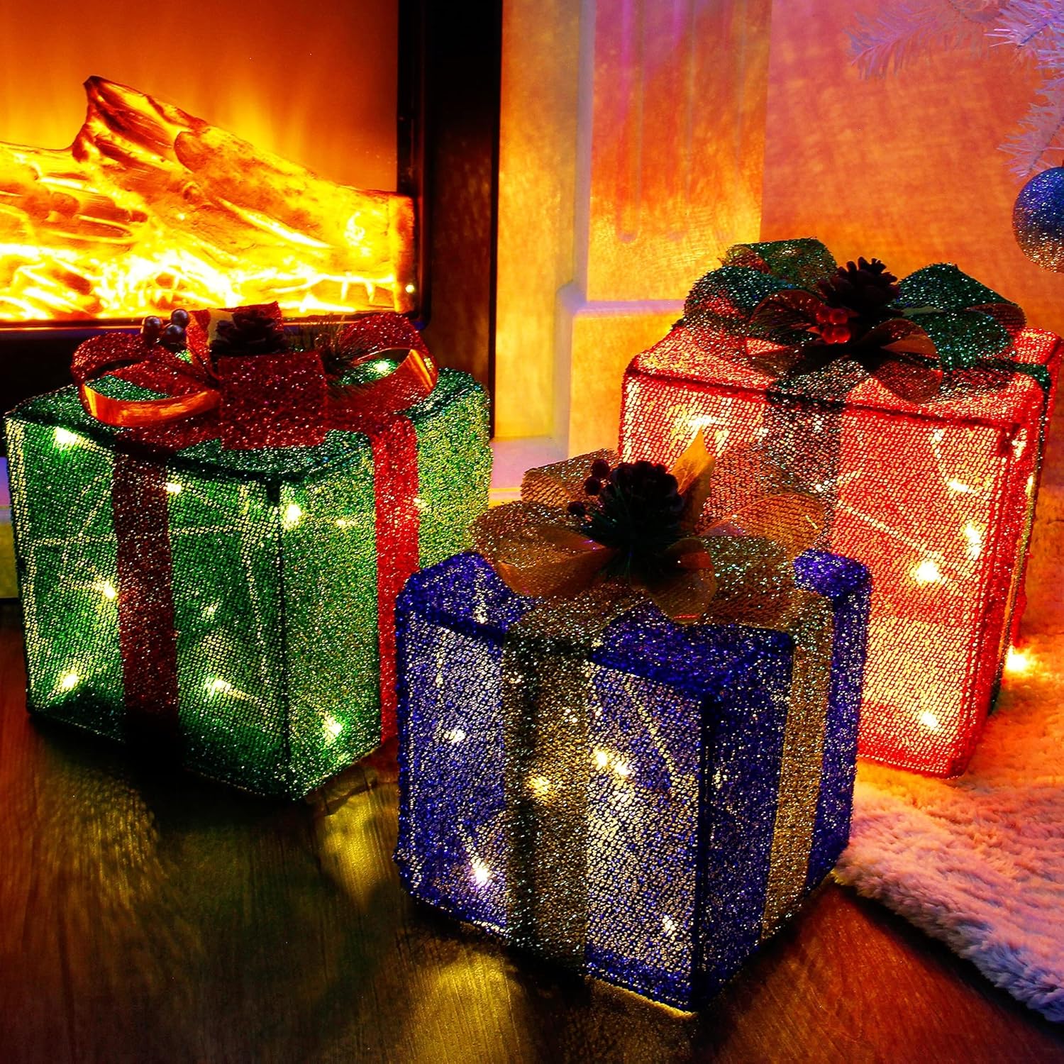 Twinkle Star Juego de 3 cajas de regalo de Navidad iluminadas, caja de regalo de oropel, 60 luces LED preiluminadas, adorno de falda de árbol,