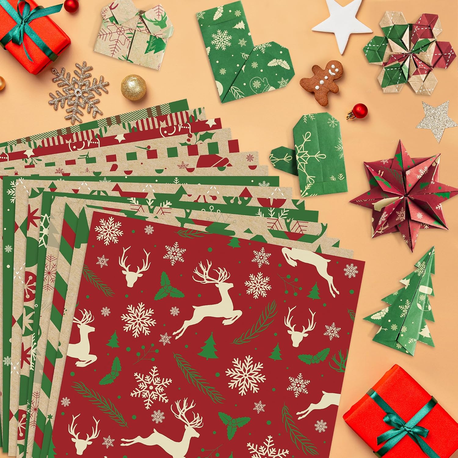 JAPBOR 60 hojas de papel de patrón de Navidad, papel de álbum de recortes de Feliz Navidad, papel de origami de Navidad de doble cara, papel de