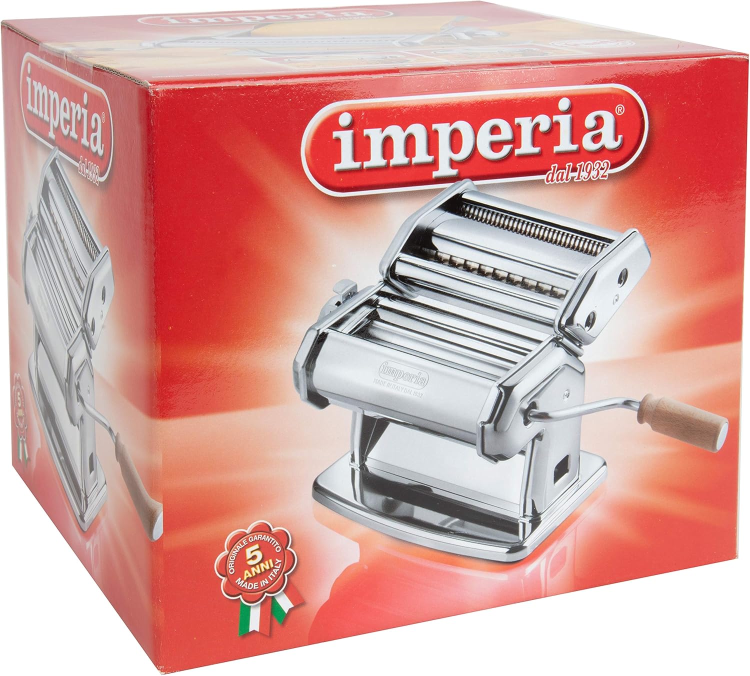 Imperia Máquina para hacer pasta, color blanco, fabricada en Italia, construcción de acero resistente con esfera de fácil bloqueo, mango de agarre
