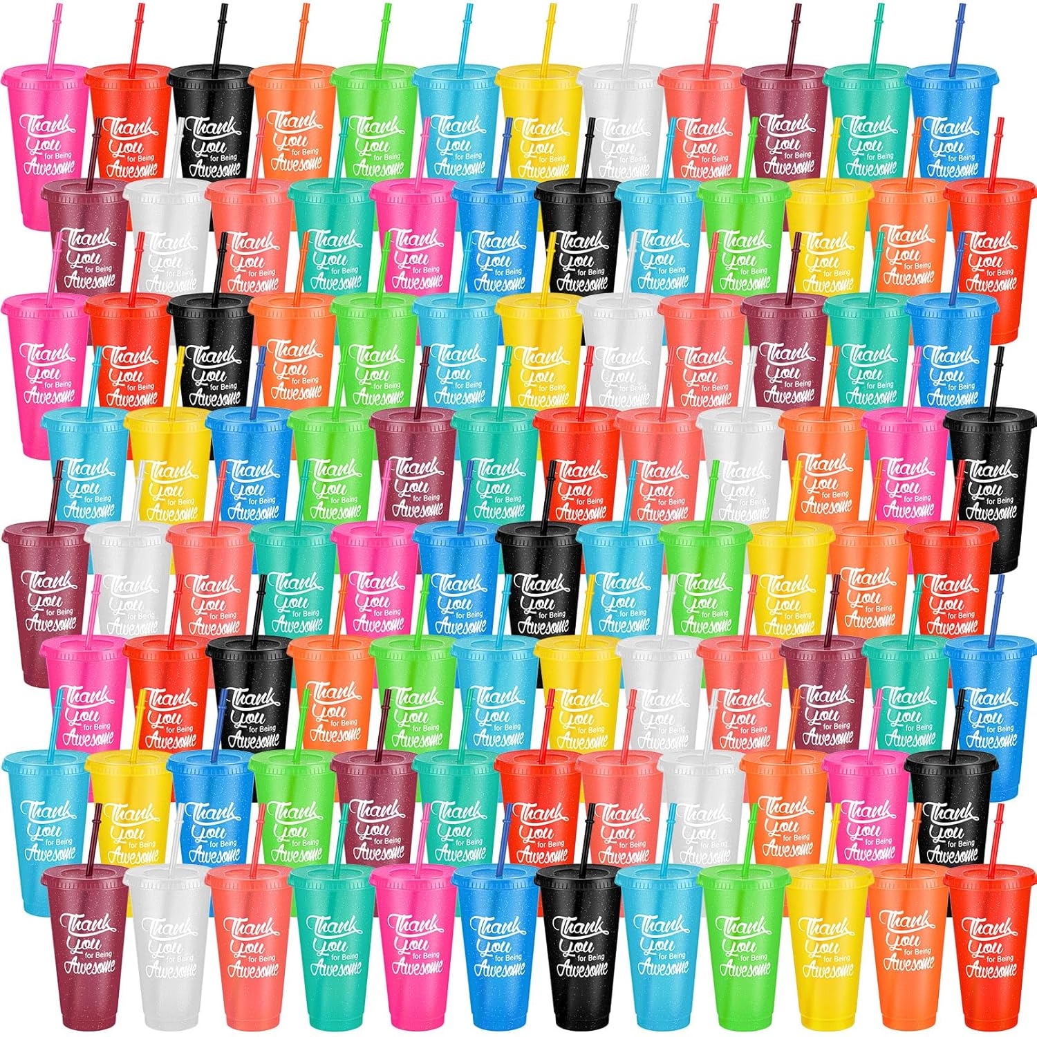Vaso con popote y tapa, tazas de agradecimiento de 24 onzas, vasos de plástico reutilizables para café helado, botella de agua para bebidas frías a