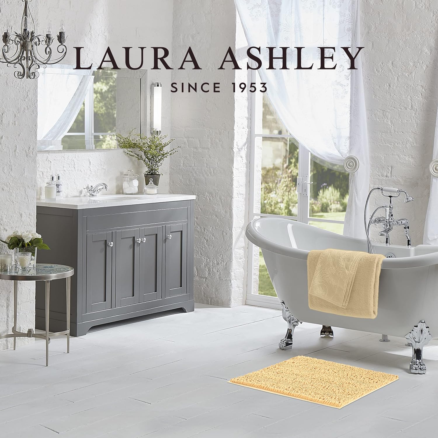 Laura Ashley Tapete de baño de chenilla Astor  100% poliéster  Decoración de baño premium  Lavable a máquina  Respaldo TPR  Mide 20 x 34 pulgadas