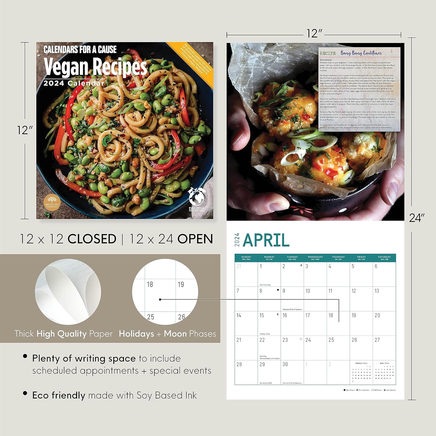 Bright Day – Calendario mensual de pared de recetas veganas 2024, calendarios por una causa, 12 x 12 pulgadas, embalaje sin plástico, regalo de
