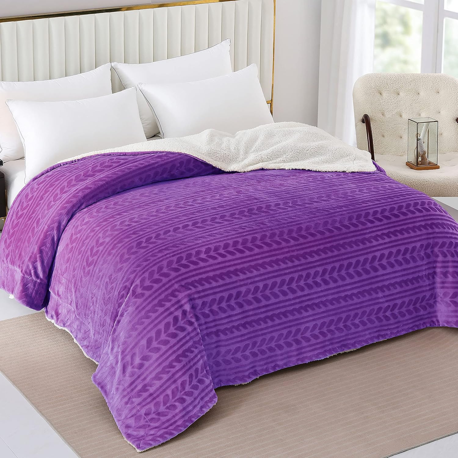 Exclusivo Mezcla Manta de cama de forro polar Sherpa tamaño Queen, manta cálida de terciopelo reversible para cama, sofá y sofá, 90 x 90 pulgadas,