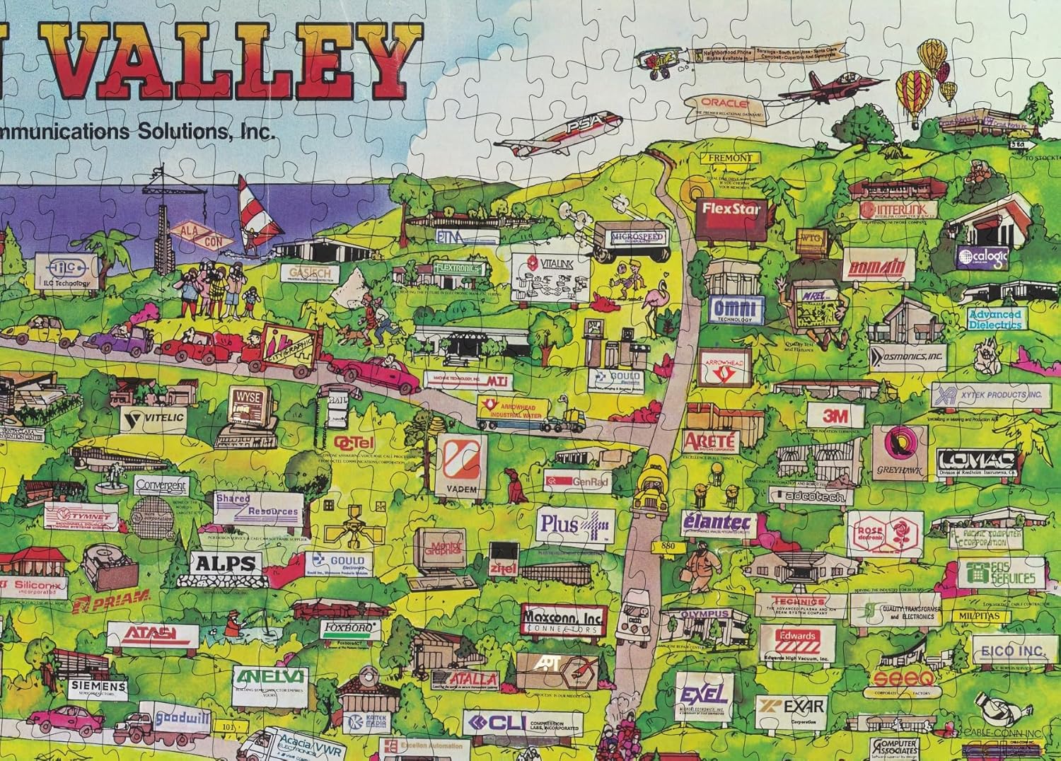 Rompecabezas de 1000 piezas  1986  Mapa gráfico ilustrado de Silicon Valley que muestra todas las marcas comerciales importantes