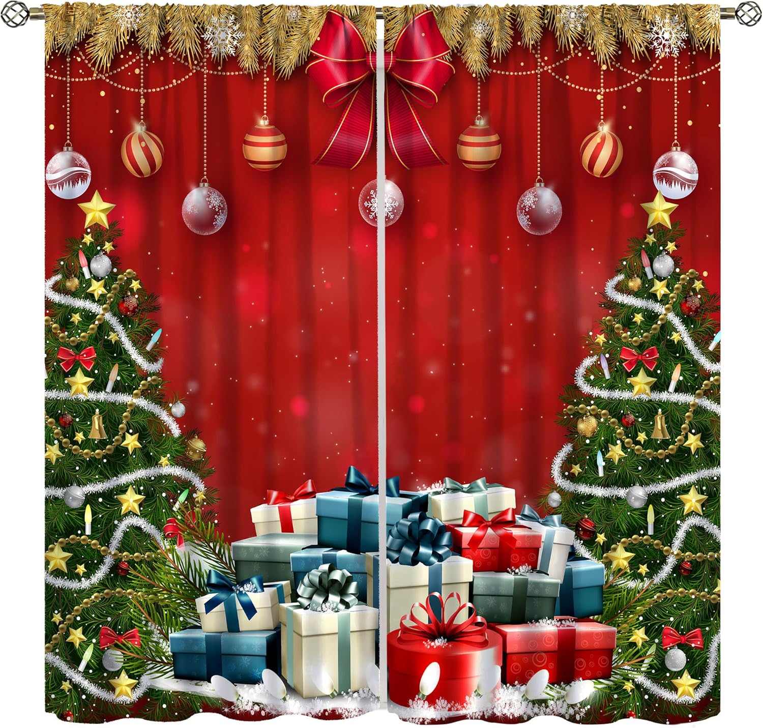 Cortinas de Navidad, árbol de Navidad con regalos coloridos, árbol de Navidad, Graland, bolas de Navidad rojas abstractas, estampado de nieve de