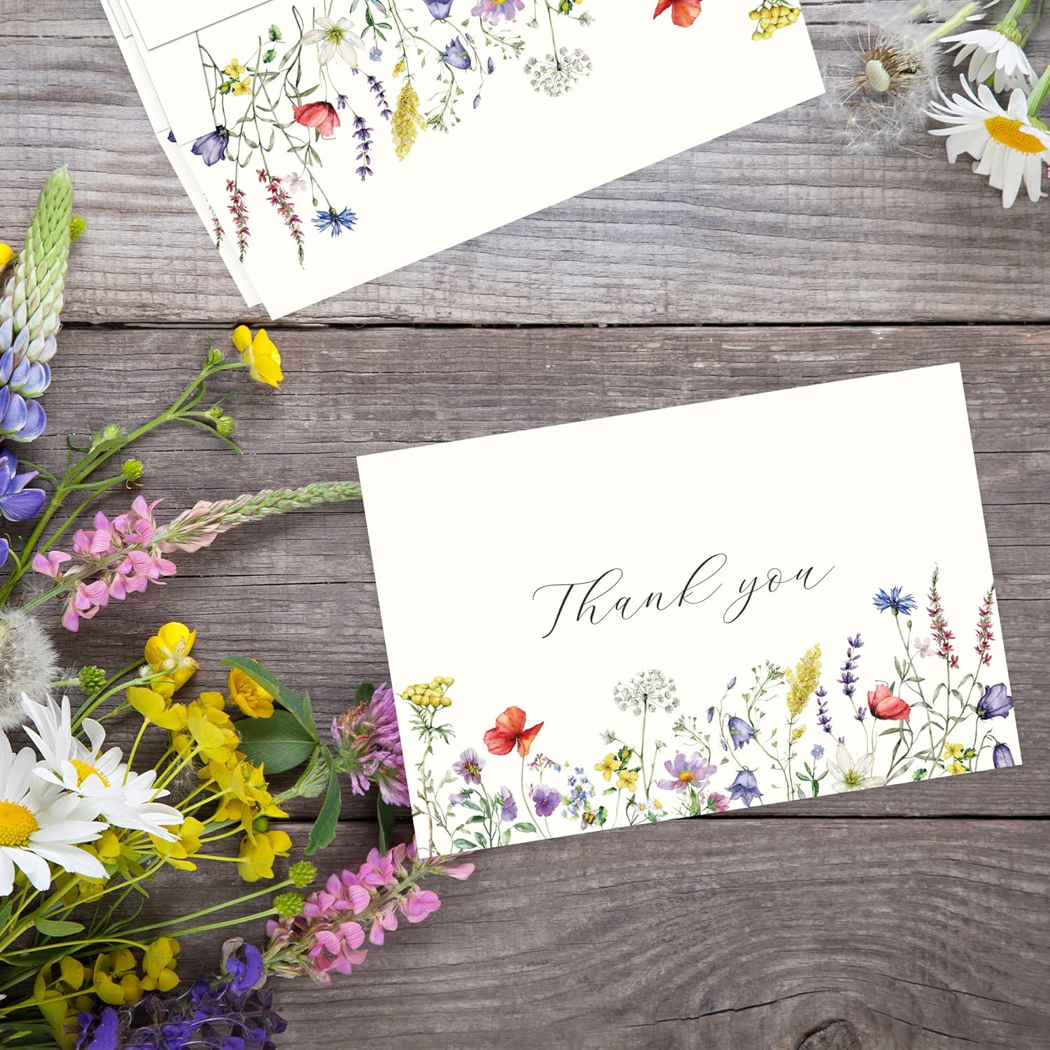 Tarjetas de agradecimiento florales de verano 4 x 6 con sobres (paquete de 20 sobres a granel) a juego, flores silvestres, bodas, notas en blanco