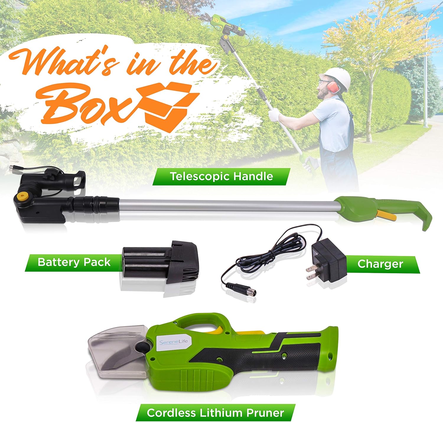 Serenelife Tijeras de podar inalámbricas y cortador de ramas  Podadora eléctrica con mango telescópico para 6 pies de alcance  Batería recargable y