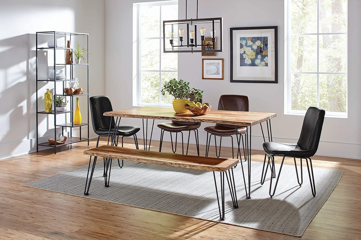 Coaster Furniture Sherman – Banco de comedor moderno de madera maciza con borde vivo, base de metal, acacia natural, plomizo, 190913