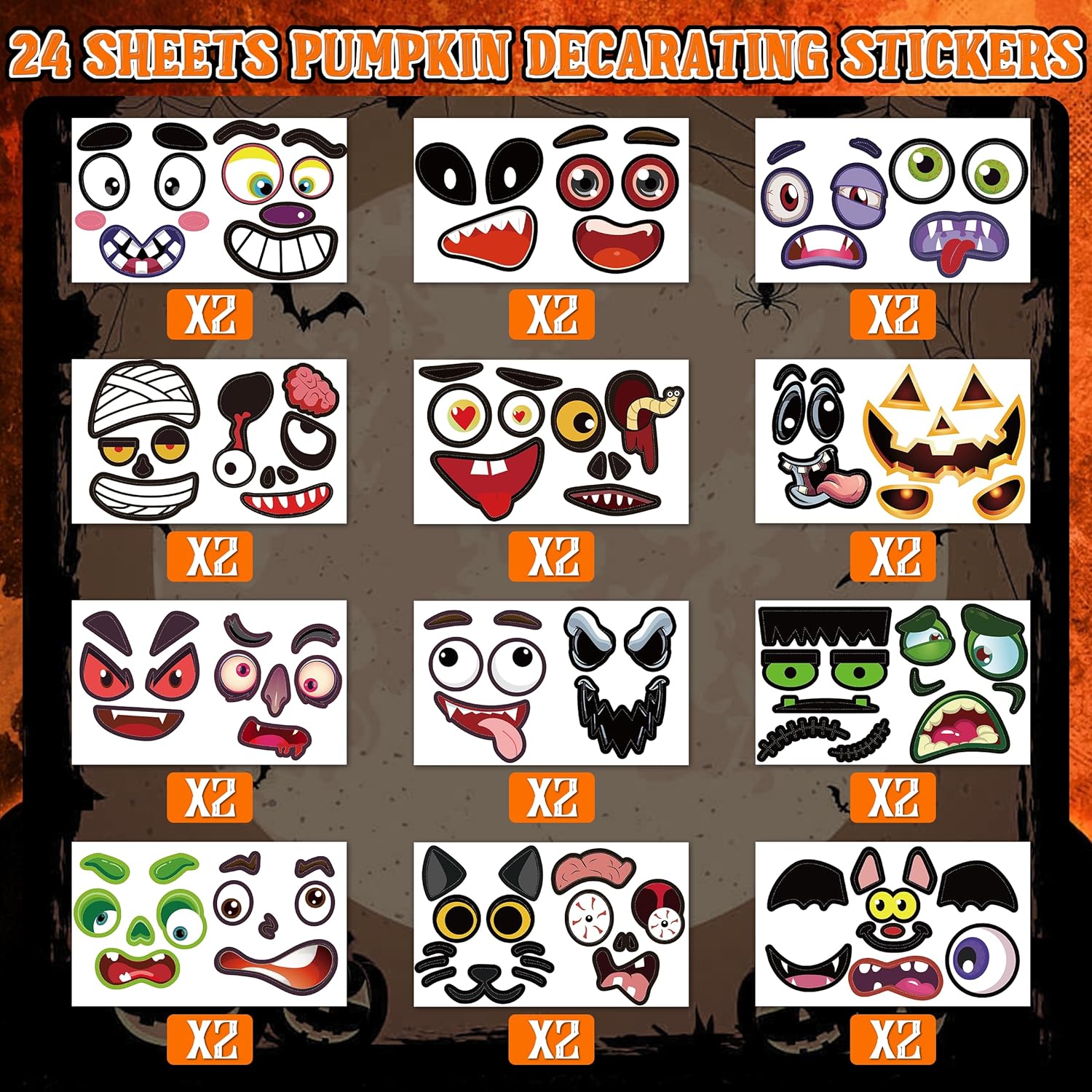 Paquete de 48 calcomanías decorativas de calabaza de Halloween, mini calcomanías de cara de calabaza para niños, calcomanías pequeñas de calabaza