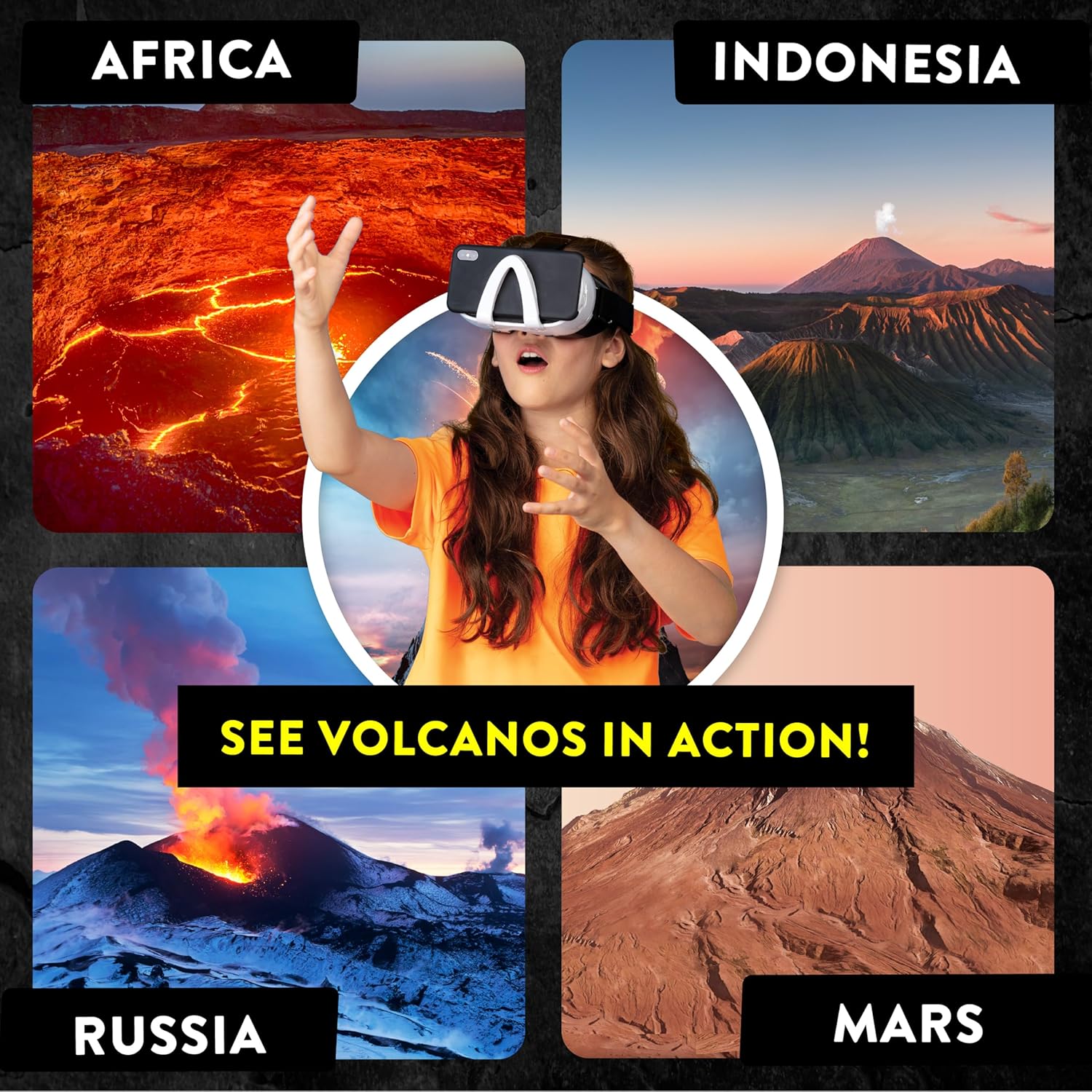 Abacus Brands STEAM Volcano Lab VR – Construye y erupta tu propio volcán – Kit de ciencia para niños de realidad virtual, libro y juego de